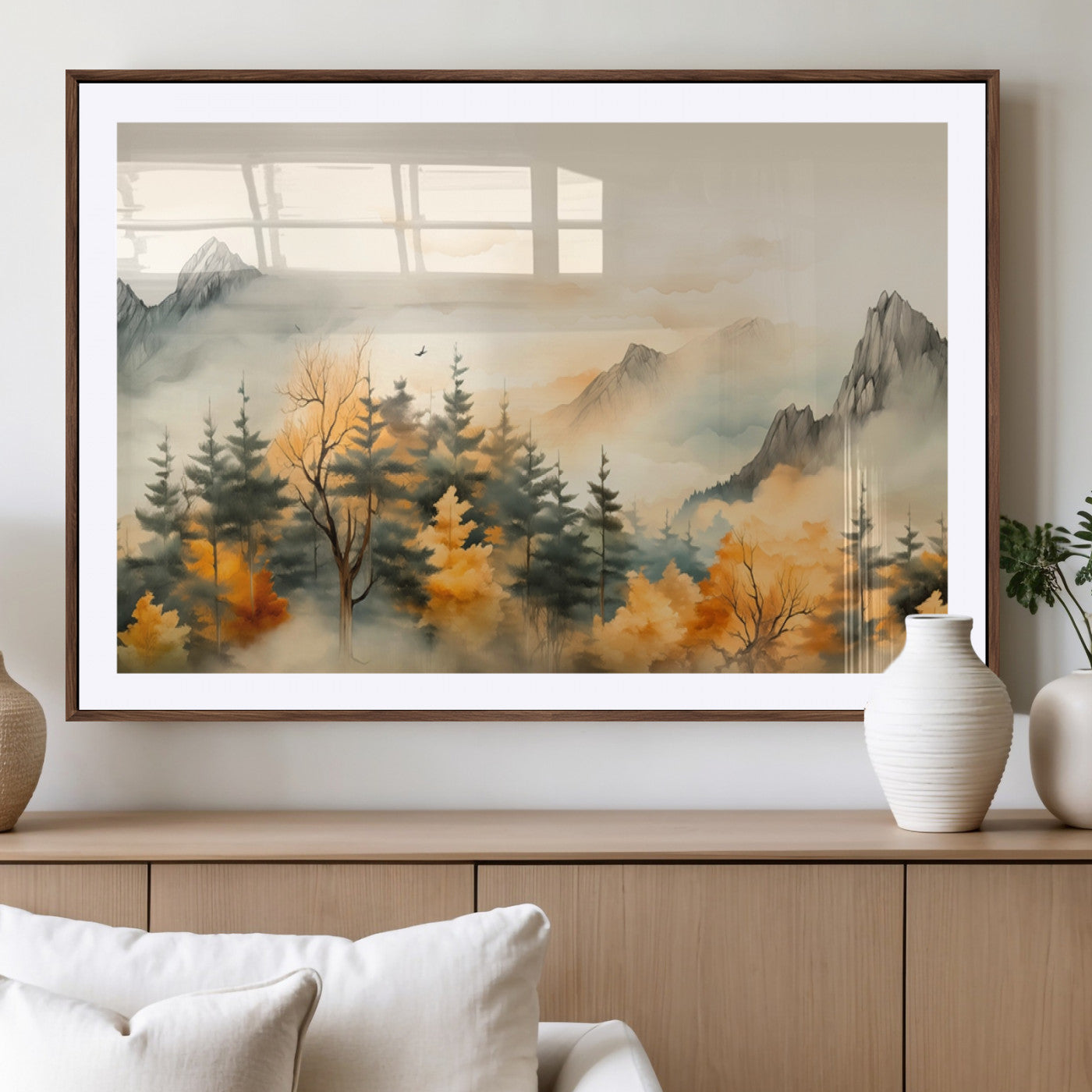 Abstract Watercolor Mountains and Trees Autumn Art,