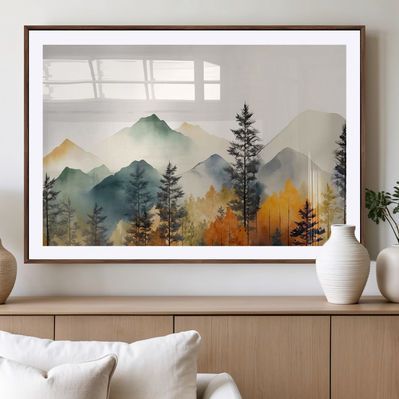Abstract Watercolor Mountains and Trees Autumn Wall Art,