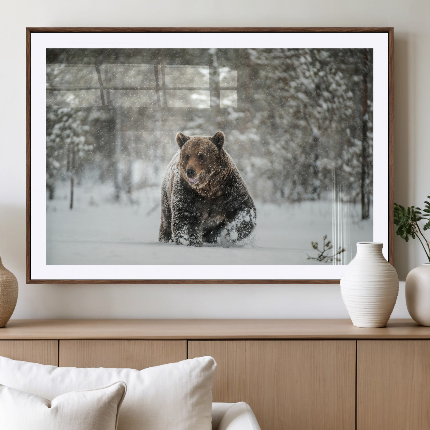 Grizzly Bear Wall Art – Framed Snowy Forest Canvas Artwork,