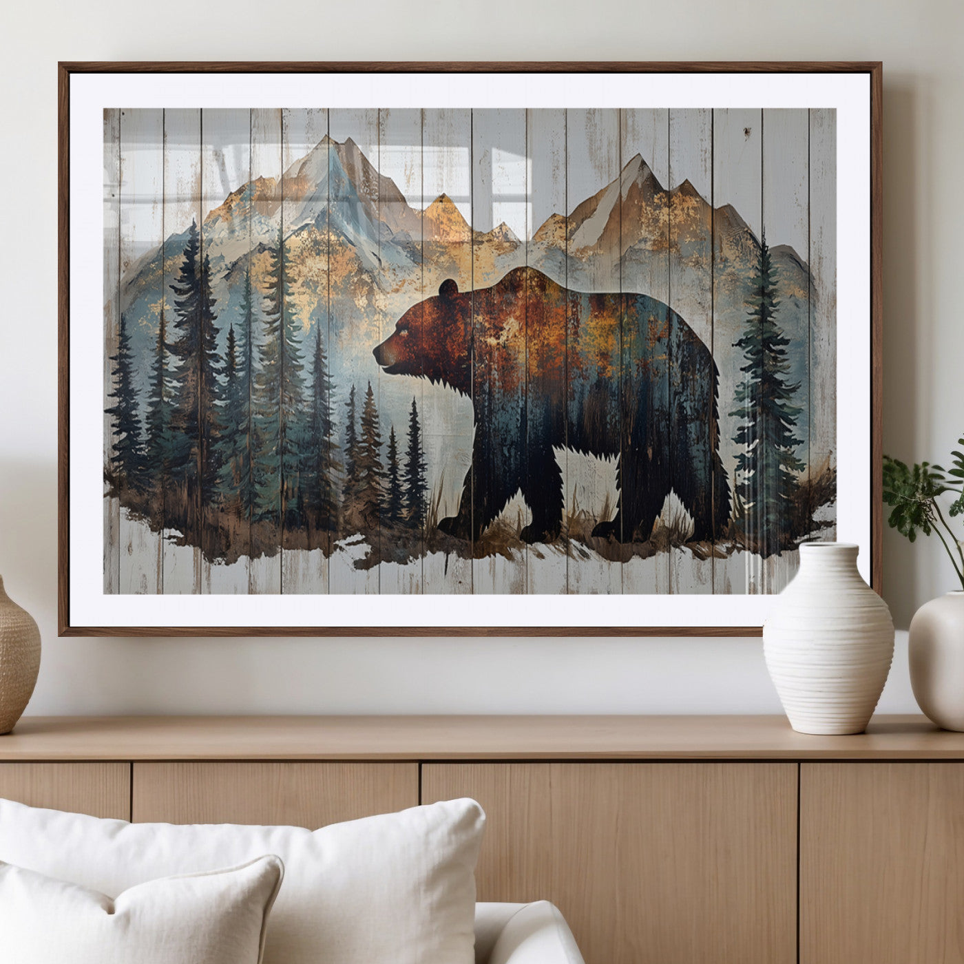 Rustic Grizzly 399 Bear and Mountain Wood Canvas Wall Art -