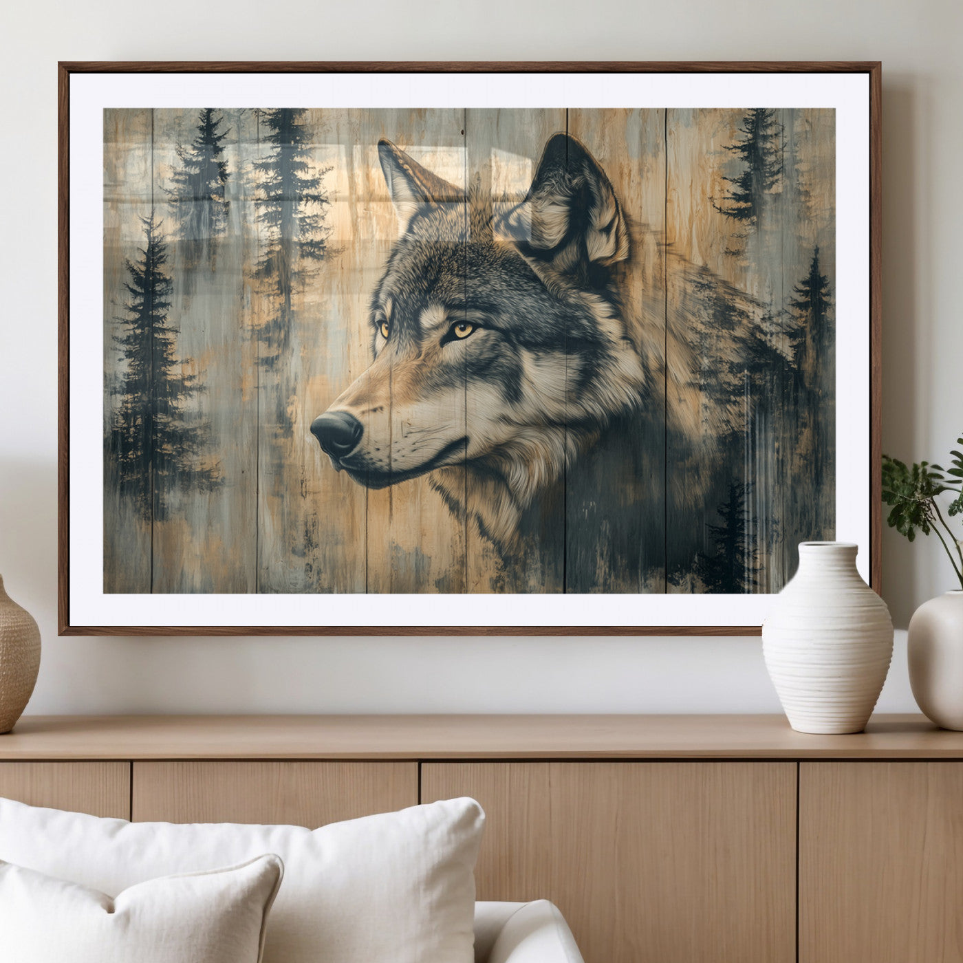 Wood Style Rustic Wolf Wall Art Canvas Print, Vintage