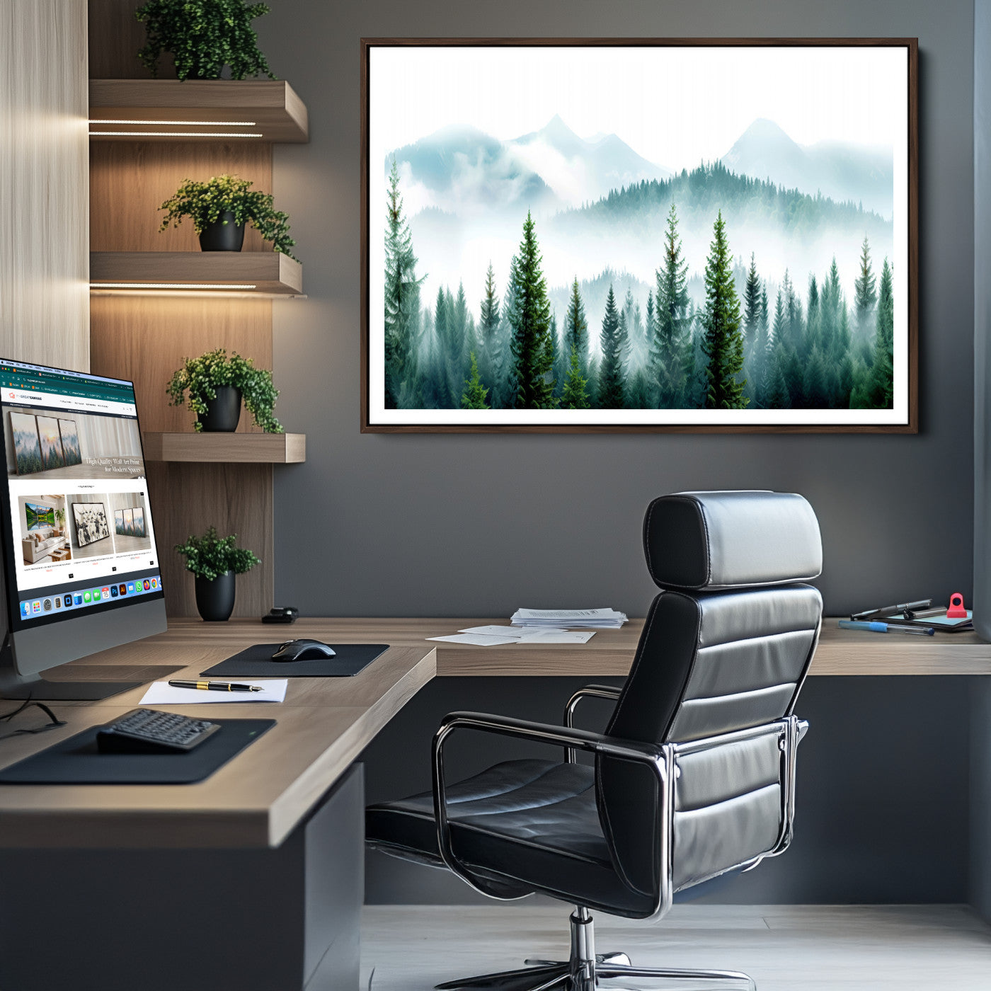 Pine Forest Wall Art Canvas Print – Misty Mountains Foggy