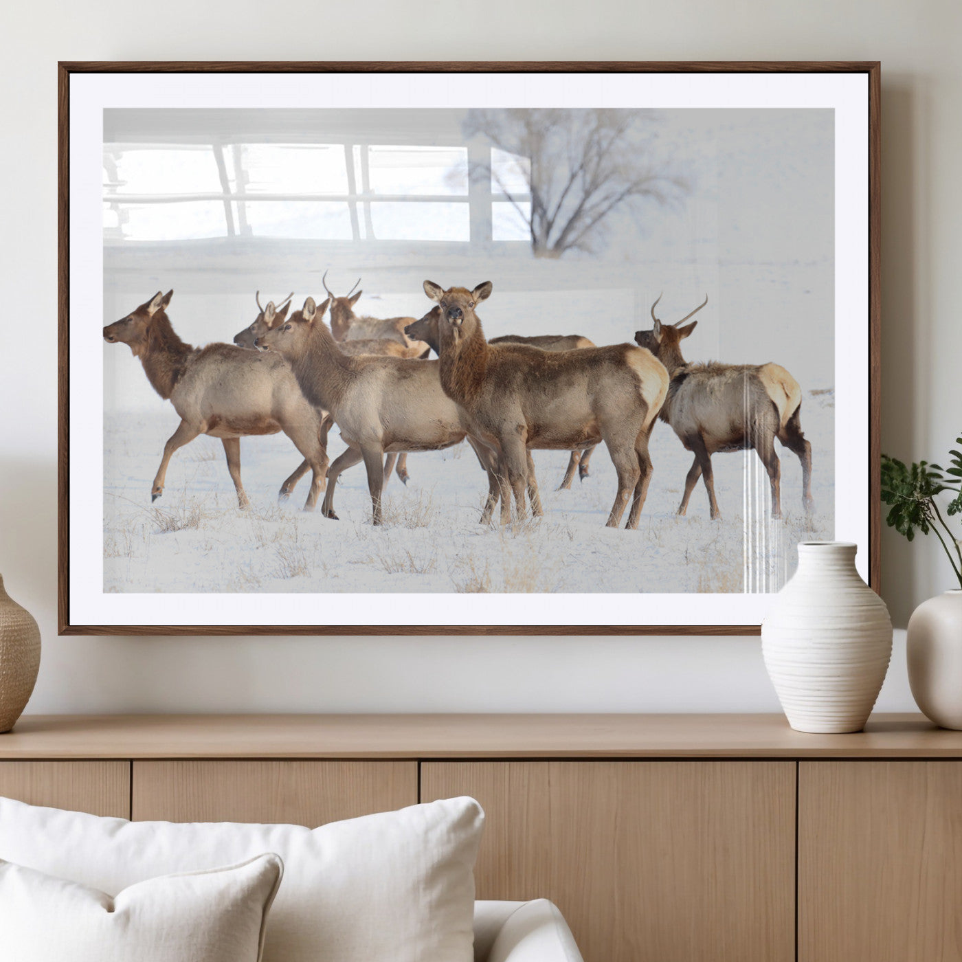 Snowy Elk Herd Wall Art Canvas Print – Majestic Winter
