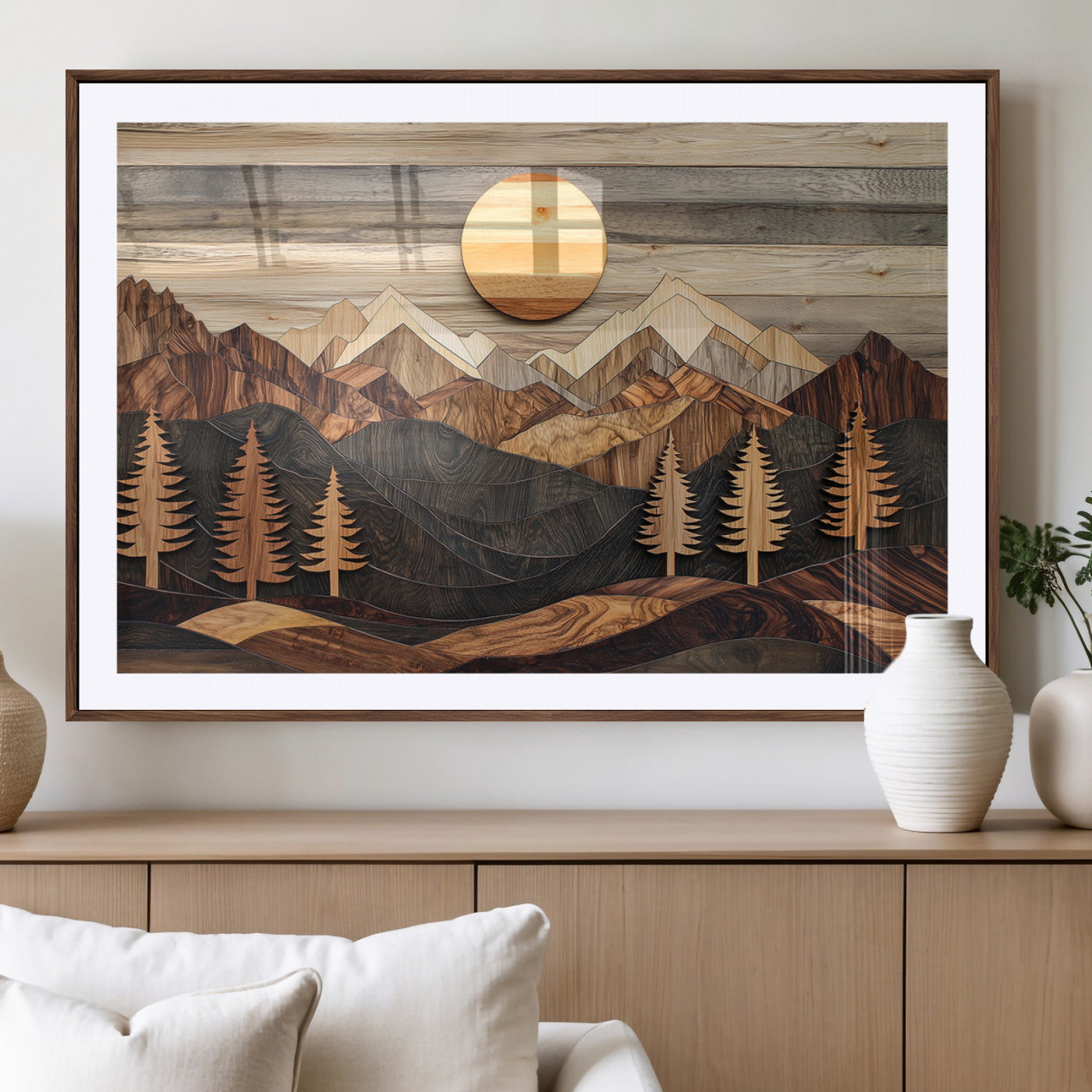 Wooden Mountain Layers Art – Rustic Pine Tree Landscape