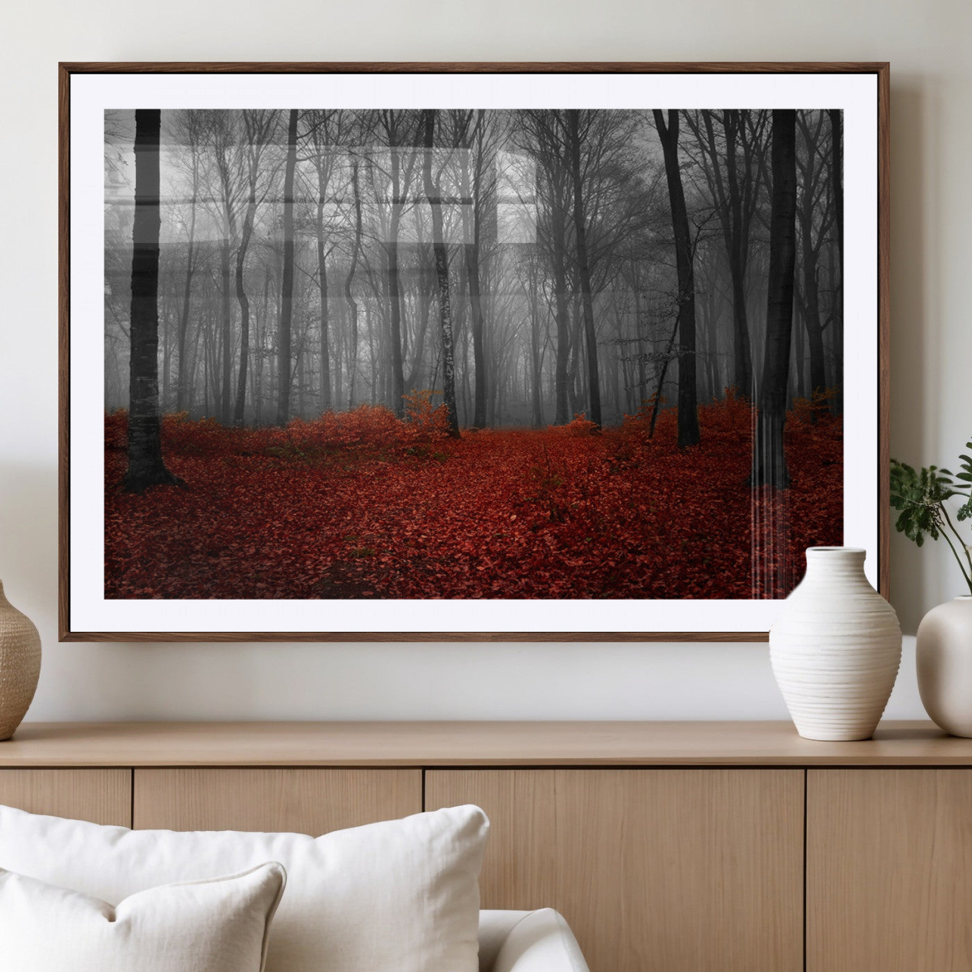 Red Forest Floor Canvas Wall Art – Mystical Foggy Woodland