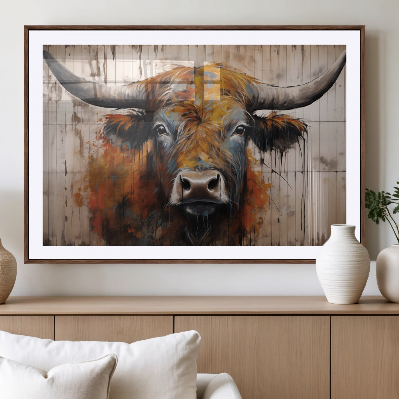 Scottish Highland Cow Cattle Art Print on Wood Style