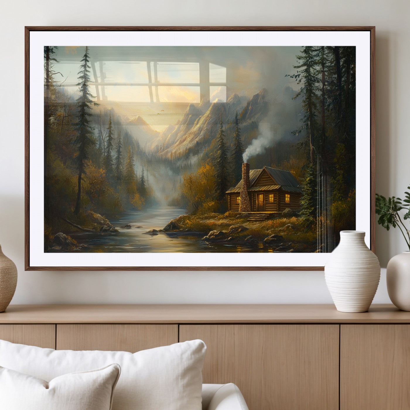 Wood Cabin Retreat Mountain at Sunset Wall Art Print -