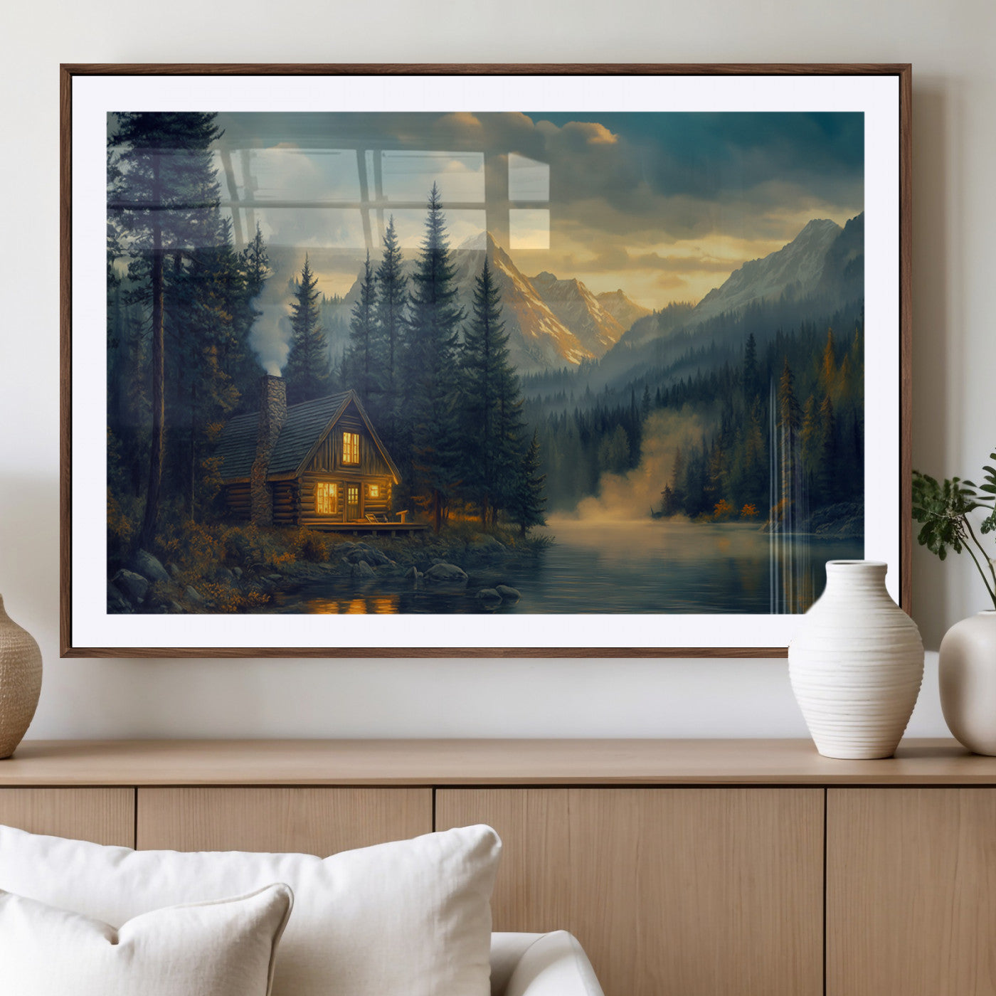 Mountain Cabin by the Lake at Sunset Wall Art - Serene
