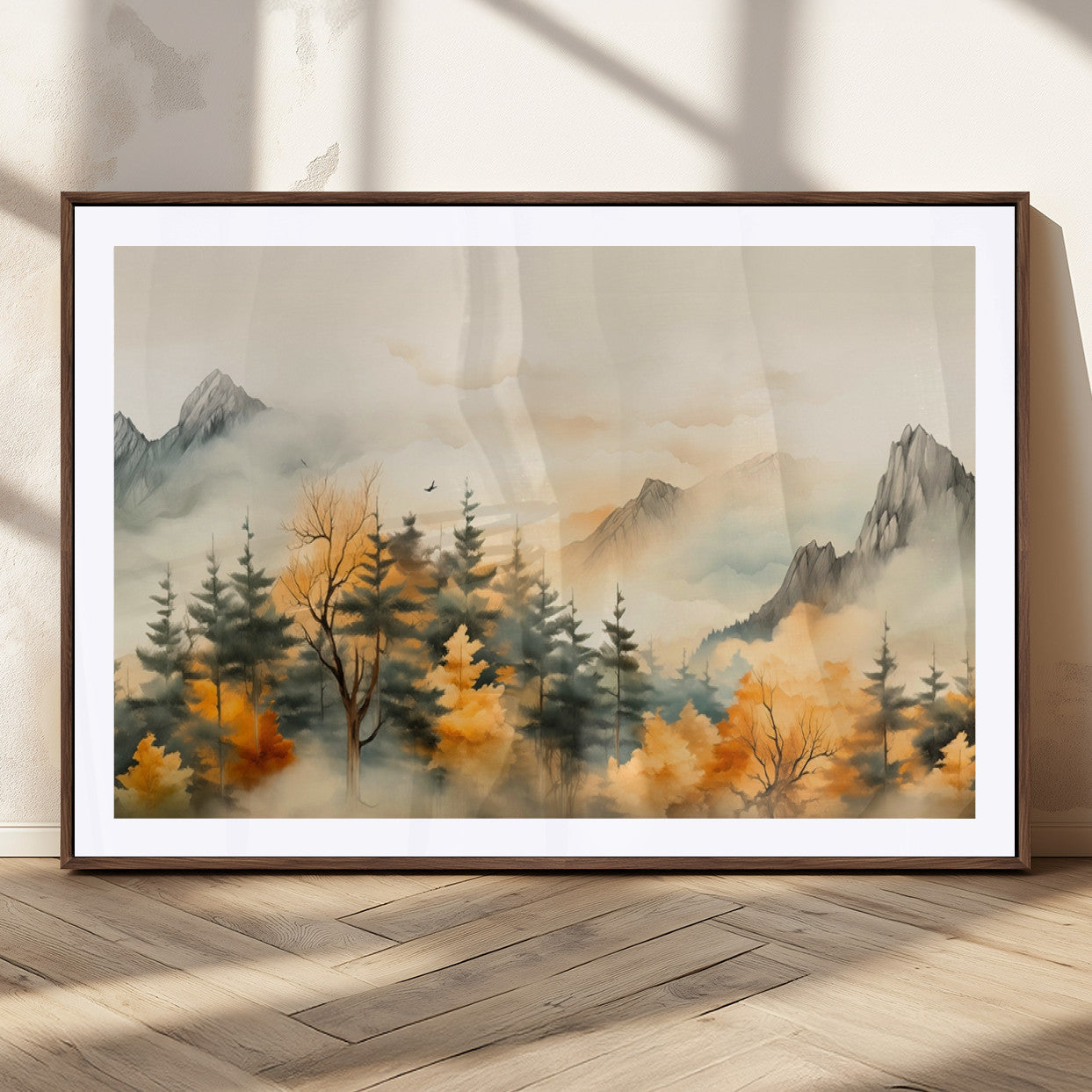 Abstract Watercolor Mountains and Trees Autumn Art,