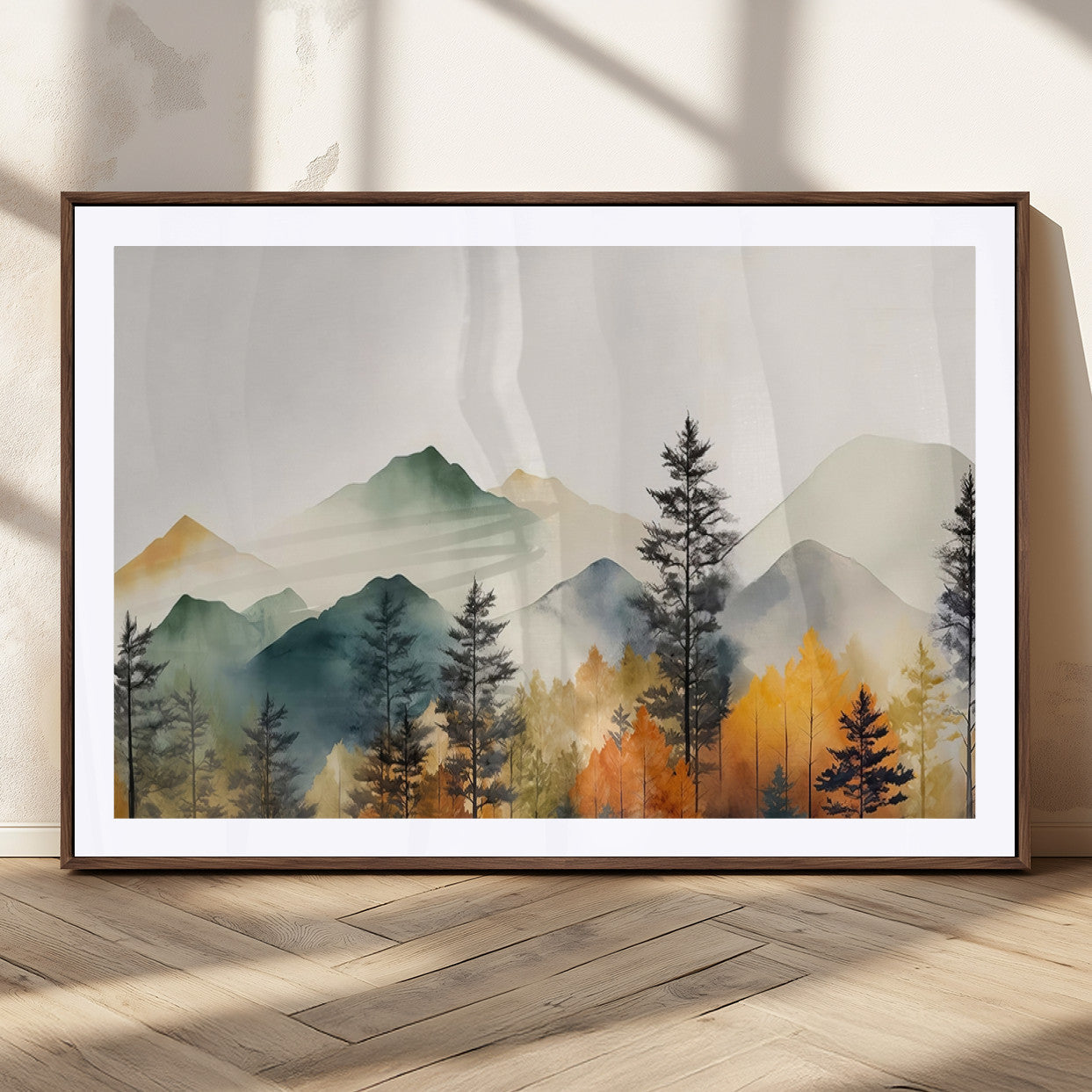 Abstract Watercolor Mountains and Trees Autumn Wall Art,
