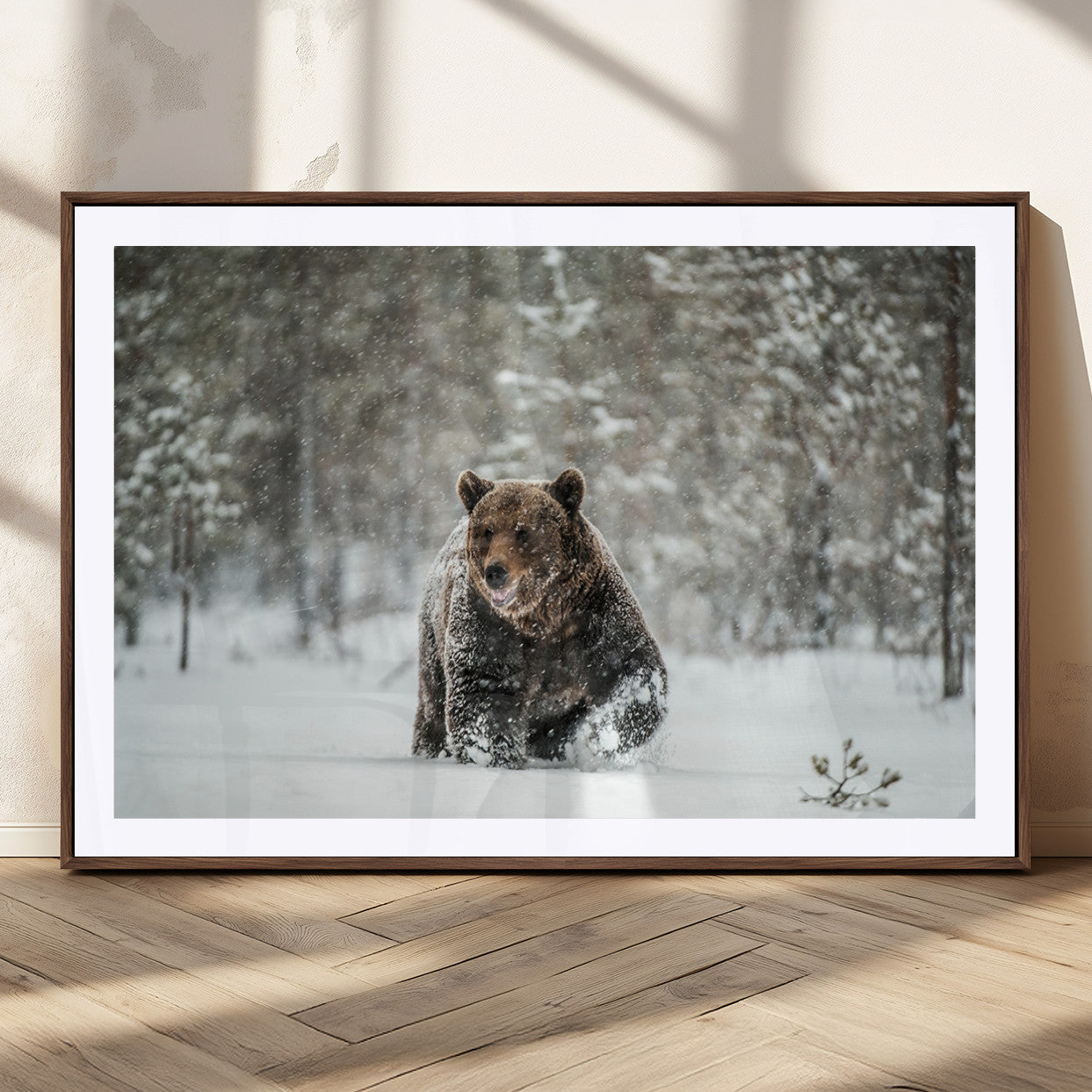 Grizzly Bear Wall Art – Framed Snowy Forest Canvas Artwork,