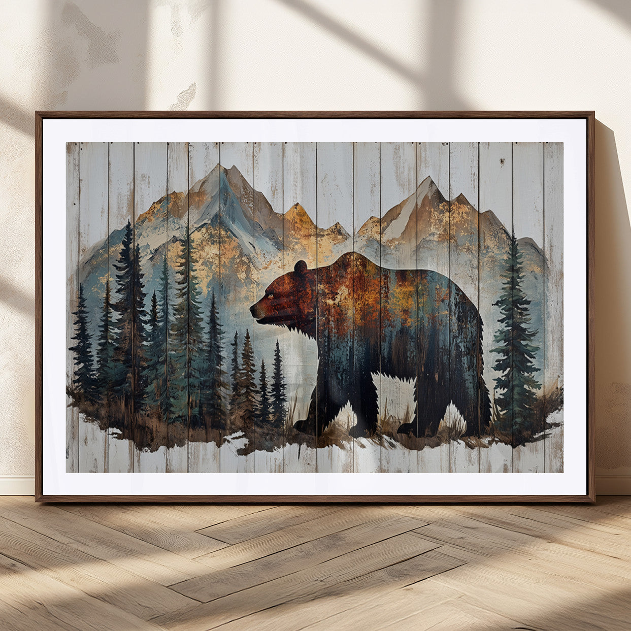 Rustic Grizzly 399 Bear and Mountain Wood Canvas Wall Art -