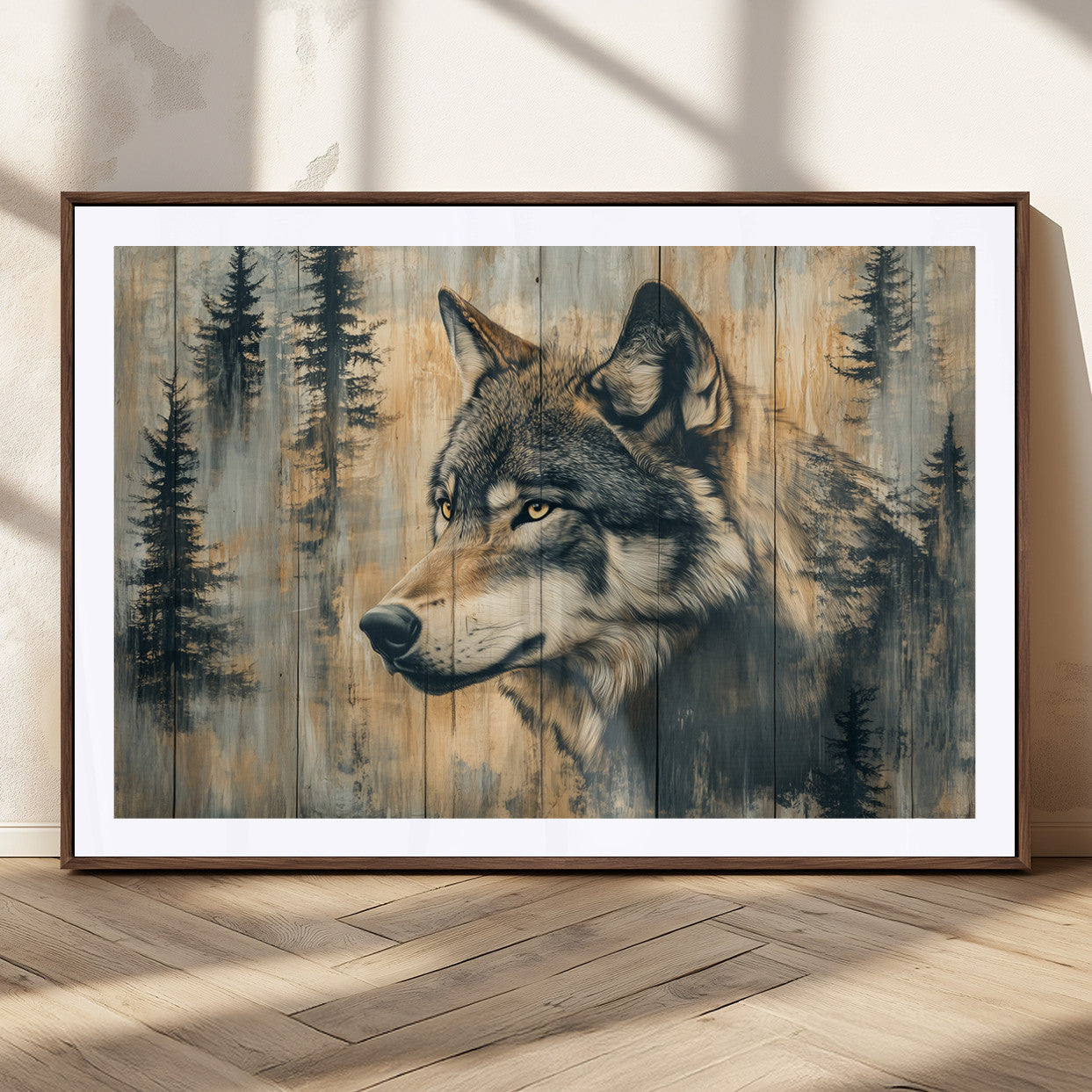 Wood Style Rustic Wolf Wall Art Canvas Print, Vintage