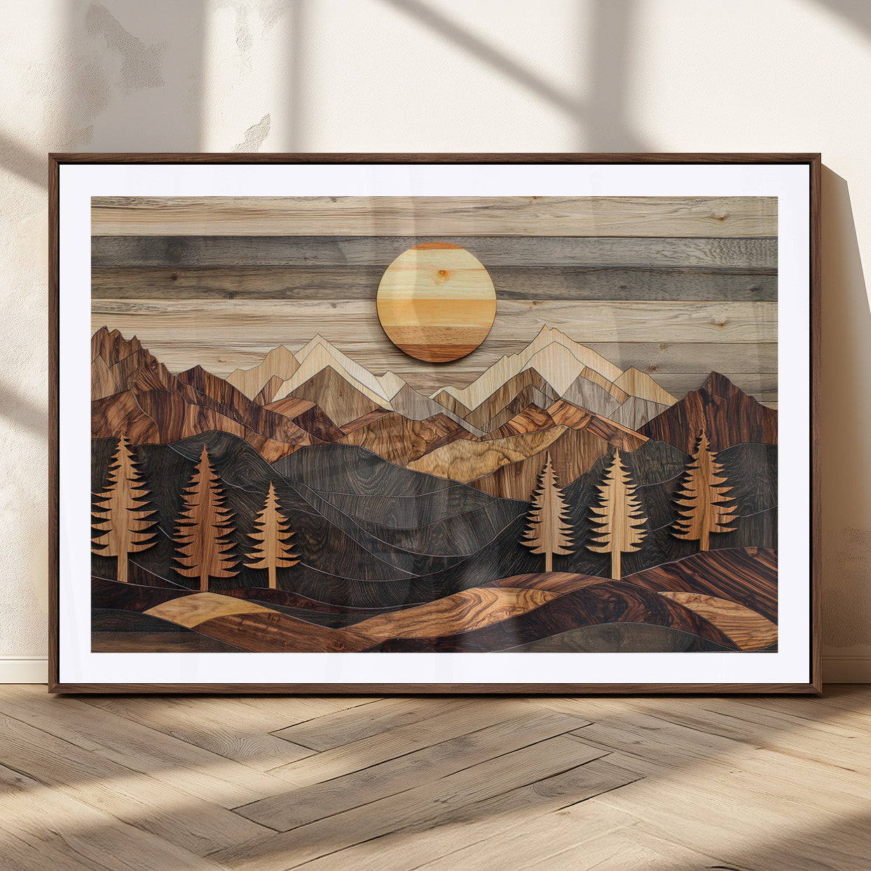 Wooden Mountain Layers Art – Rustic Pine Tree Landscape
