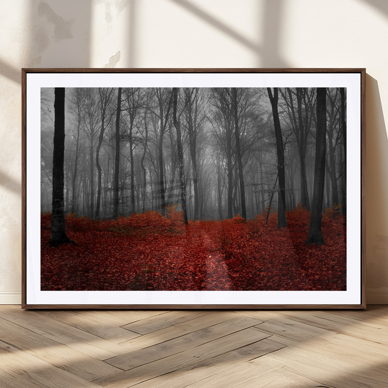 Red Forest Floor Canvas Wall Art – Mystical Foggy Woodland