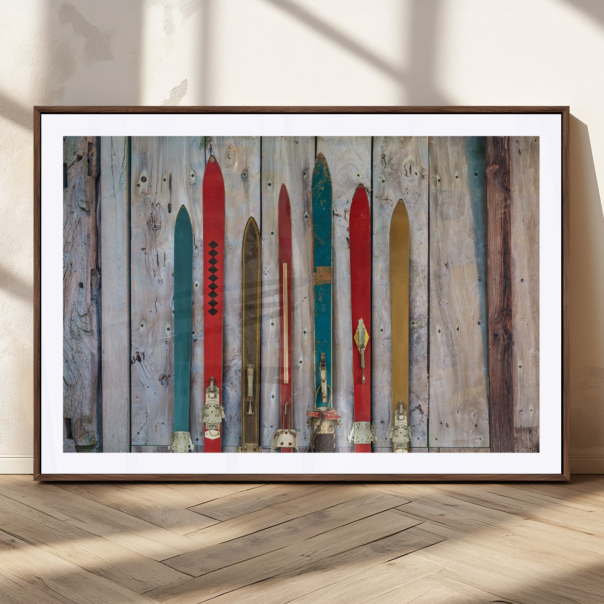 Vintage Wooden Weathered Ski's in Front of an Old Barn Wall