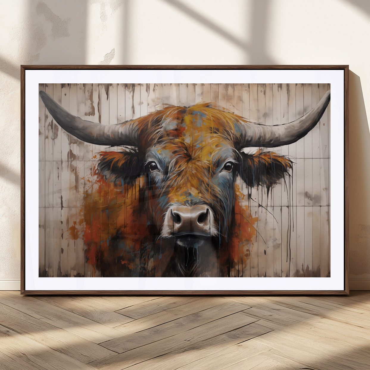 Scottish Highland Cow Cattle Art Print on Wood Style