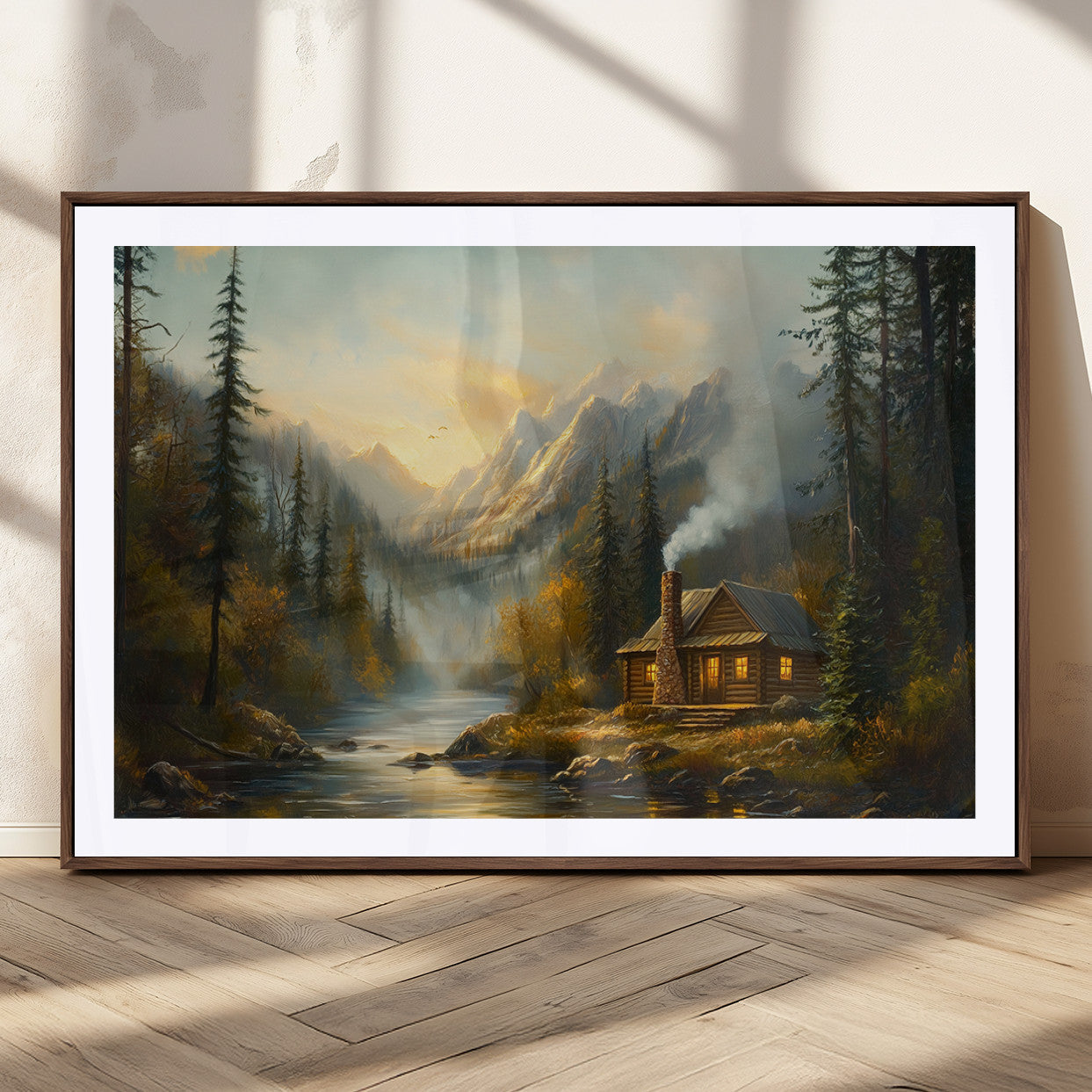 Wood Cabin Retreat Mountain at Sunset Wall Art Print -