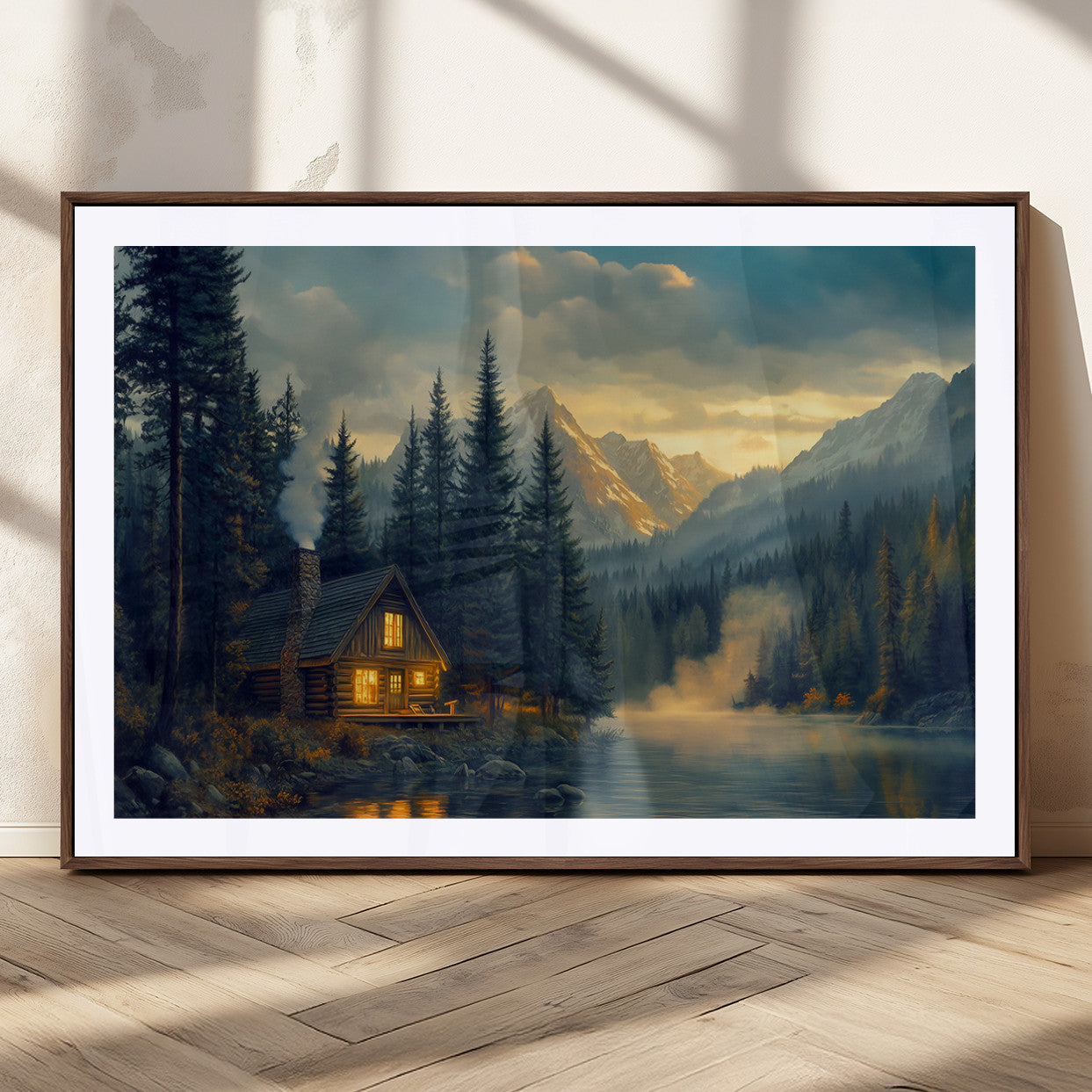 Mountain Cabin by the Lake at Sunset Wall Art - Serene