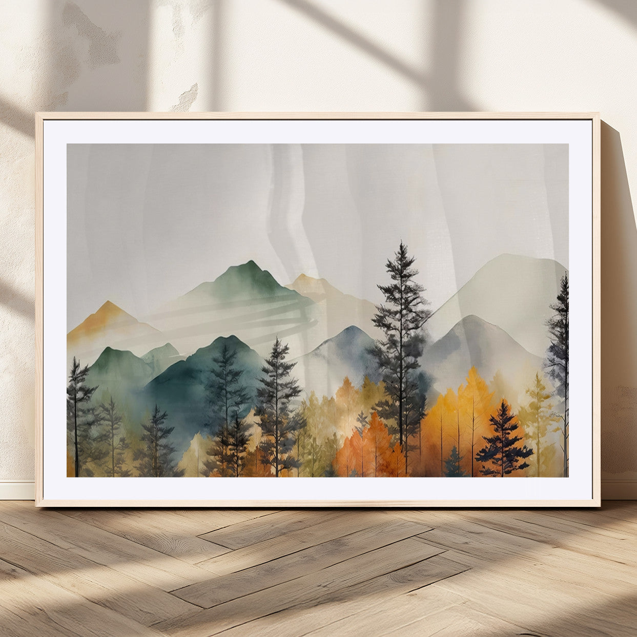 Abstract Watercolor Mountains and Trees Autumn Wall Art,