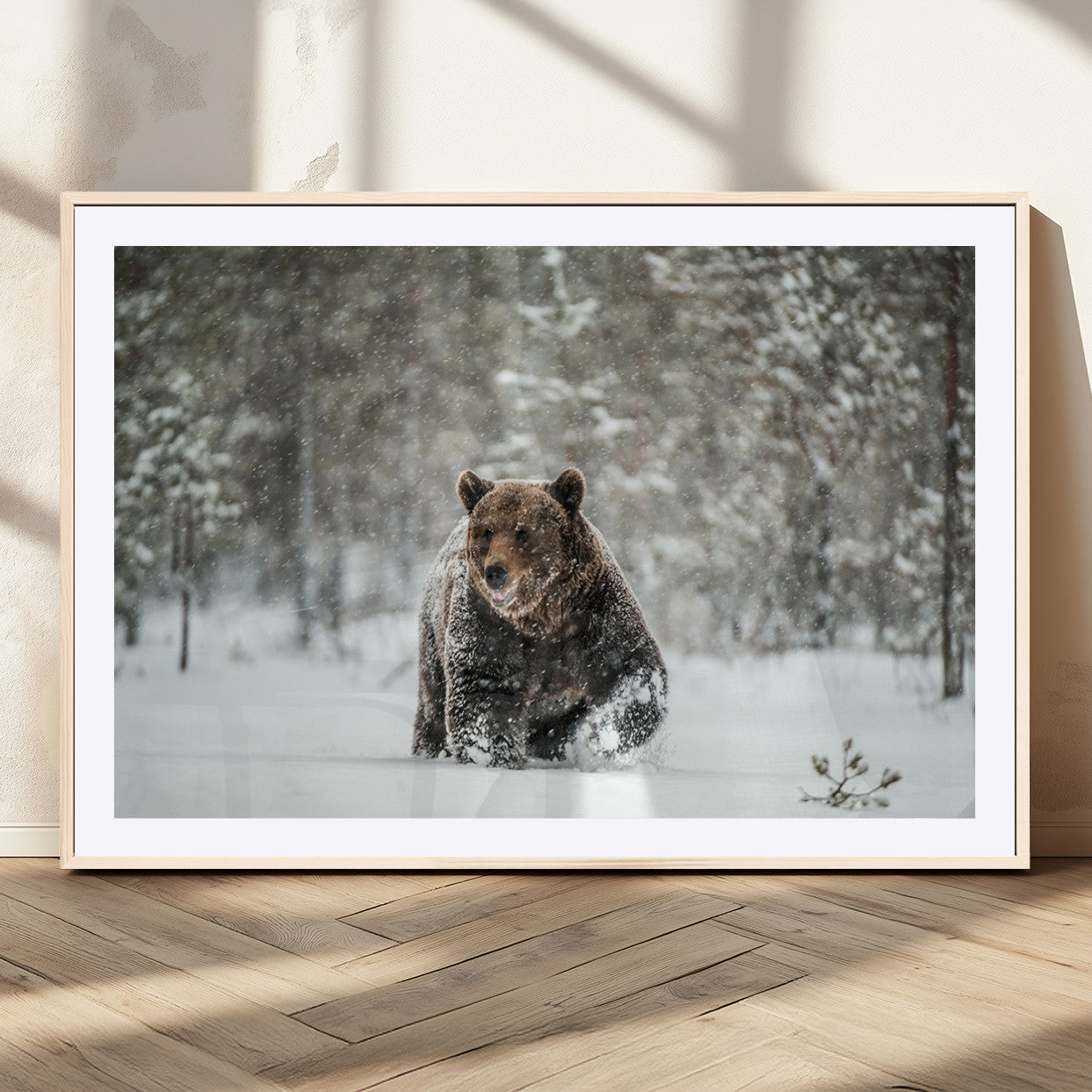Grizzly Bear Wall Art – Framed Snowy Forest Canvas Artwork,