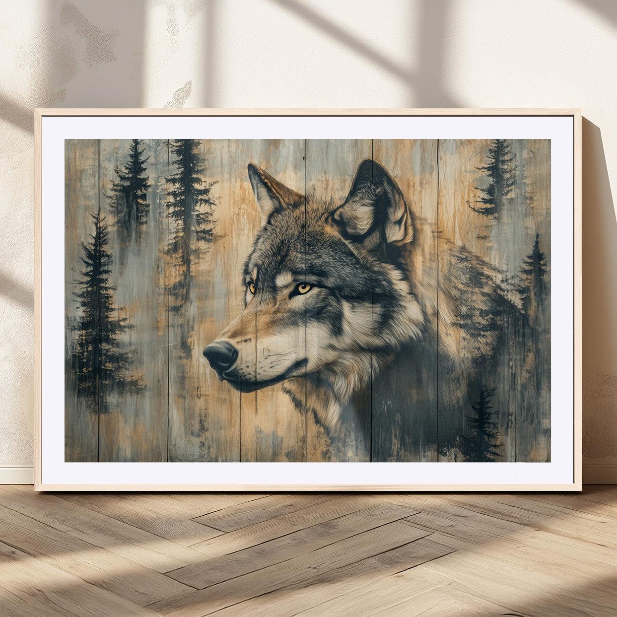 Wood Style Rustic Wolf Wall Art Canvas Print, Vintage