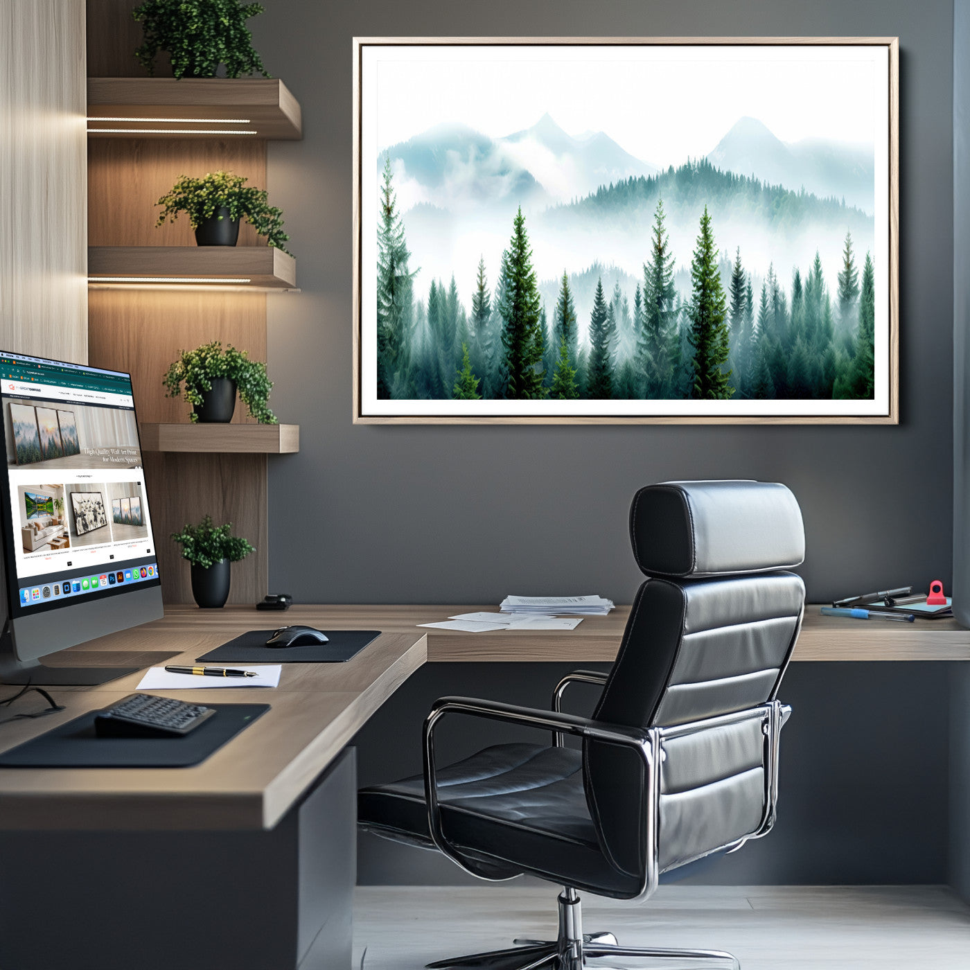 Pine Forest Wall Art Canvas Print – Misty Mountains Foggy