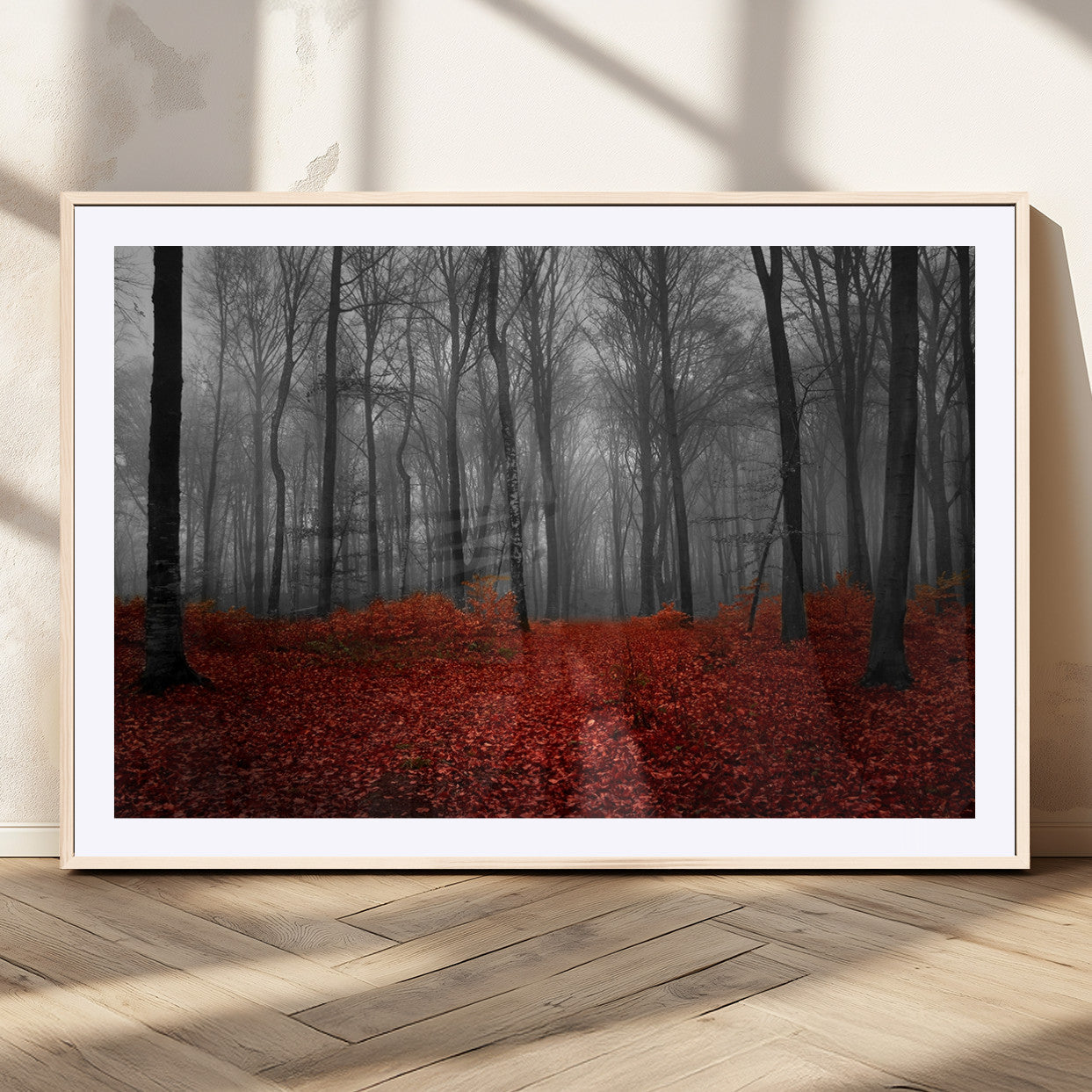 Red Forest Floor Canvas Wall Art – Mystical Foggy Woodland