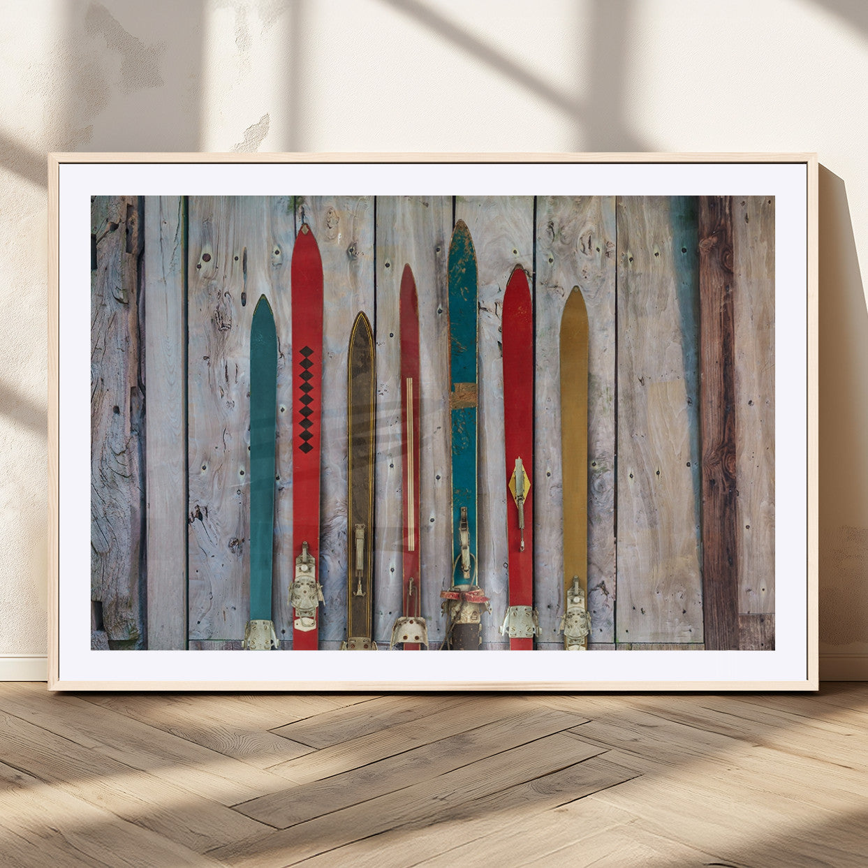 Vintage Wooden Weathered Ski's in Front of an Old Barn Wall