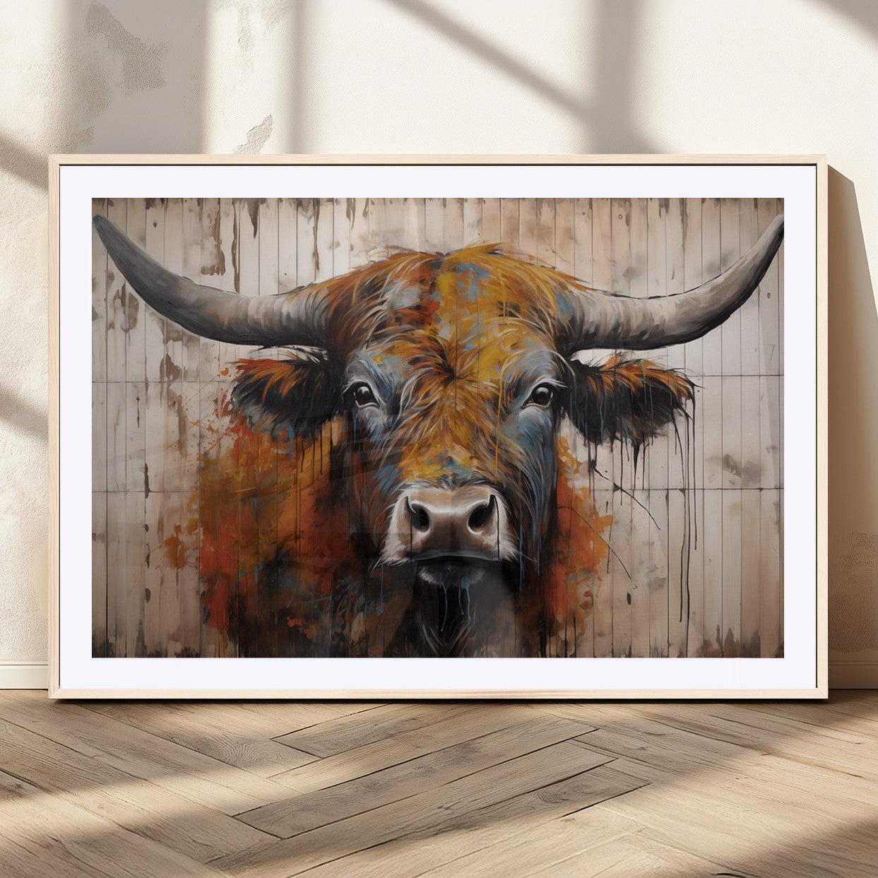 Scottish Highland Cow Cattle Art Print on Wood Style