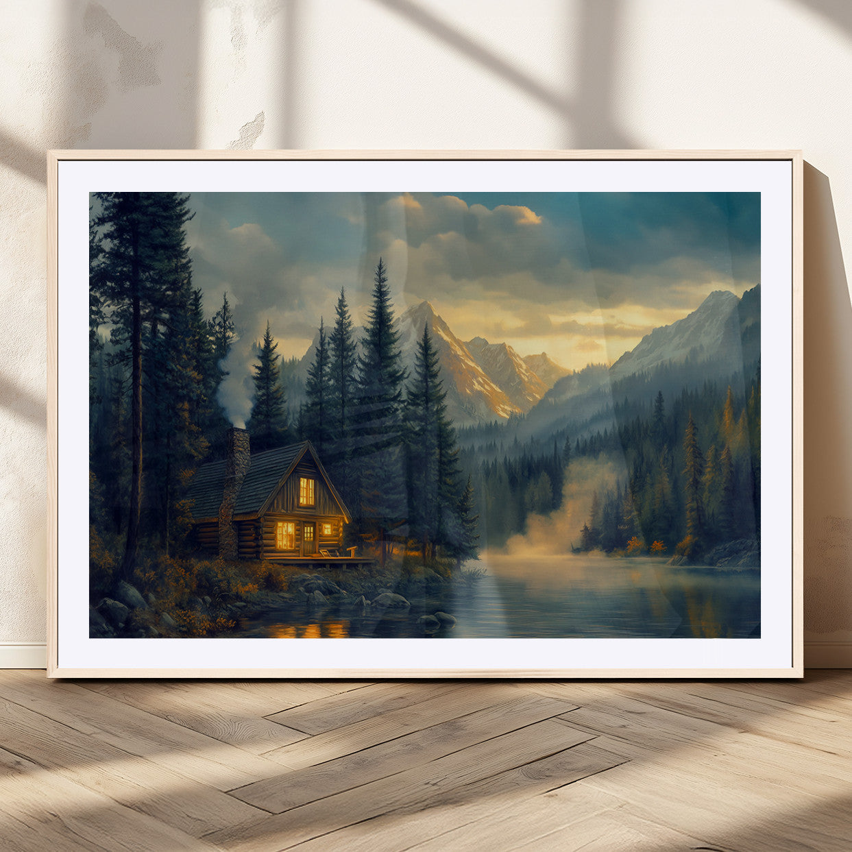 Mountain Cabin by the Lake at Sunset Wall Art - Serene
