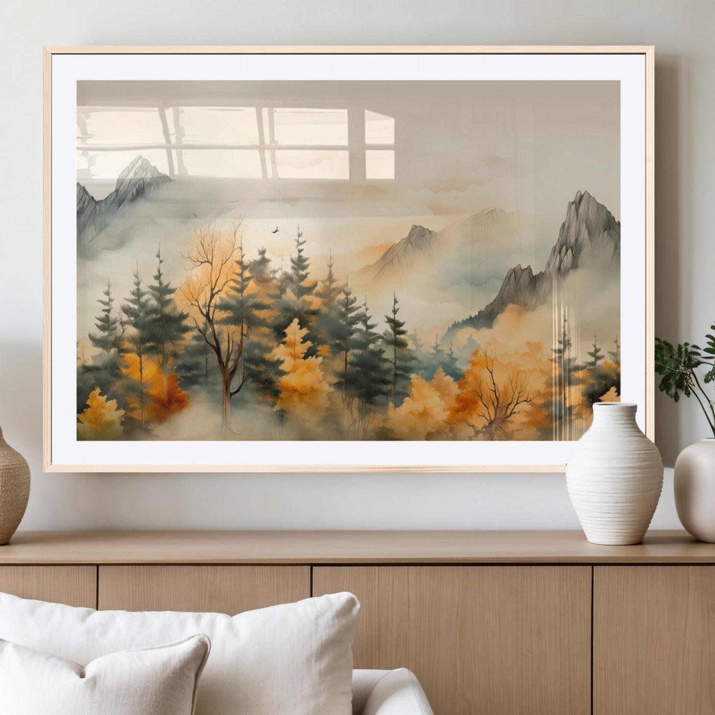 Abstract Watercolor Mountains and Trees Autumn Art,