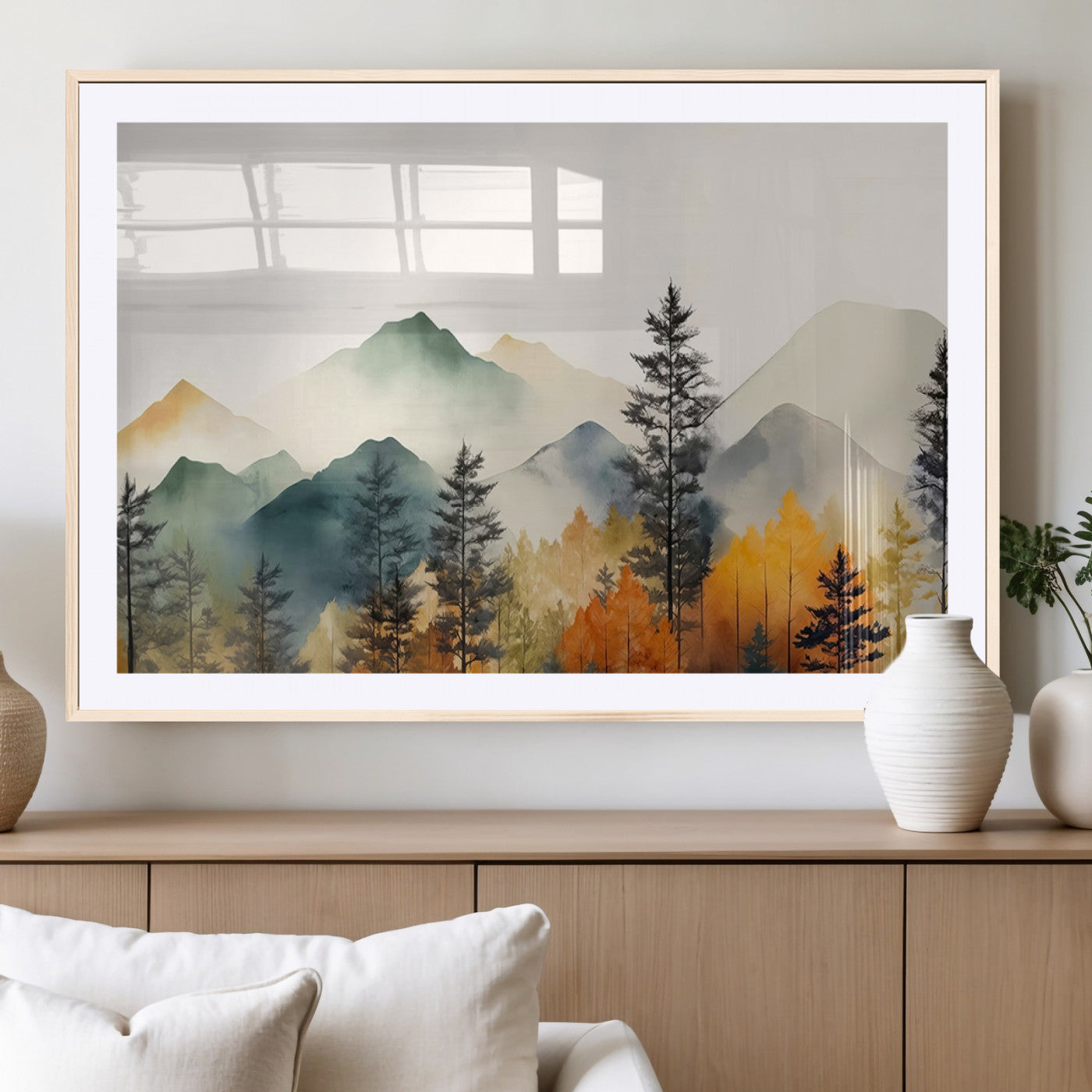 Abstract Watercolor Mountains and Trees Autumn Wall Art,