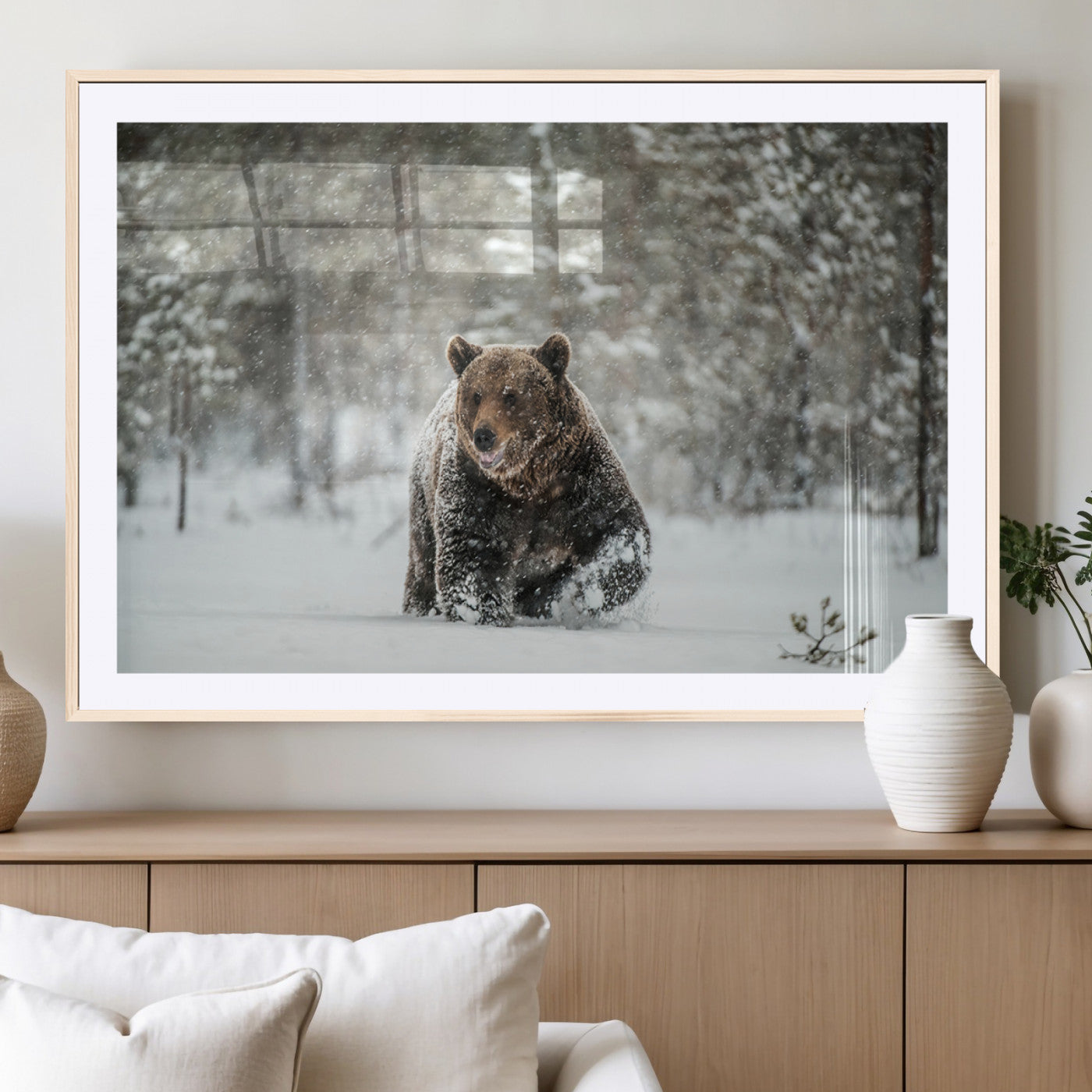 Grizzly Bear Wall Art – Framed Snowy Forest Canvas Artwork,