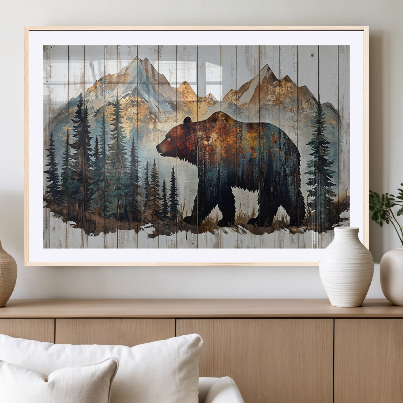 Rustic Grizzly 399 Bear and Mountain Wood Canvas Wall Art -
