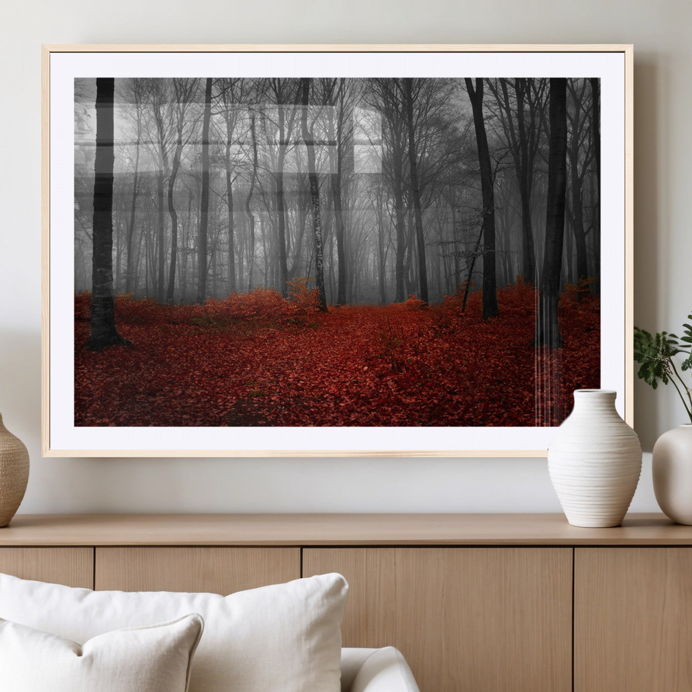Red Forest Floor Canvas Wall Art – Mystical Foggy Woodland