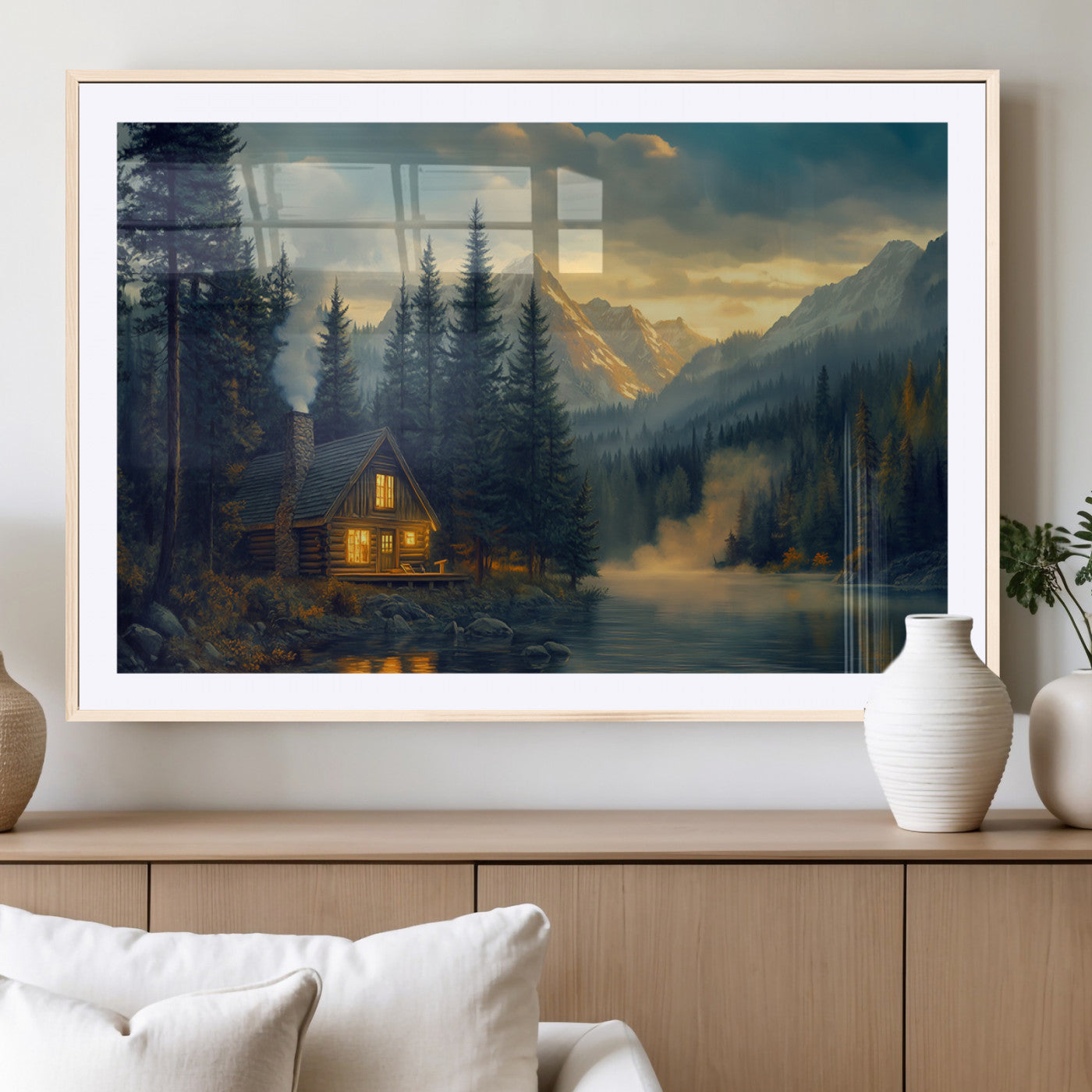 Mountain Cabin by the Lake at Sunset Wall Art - Serene