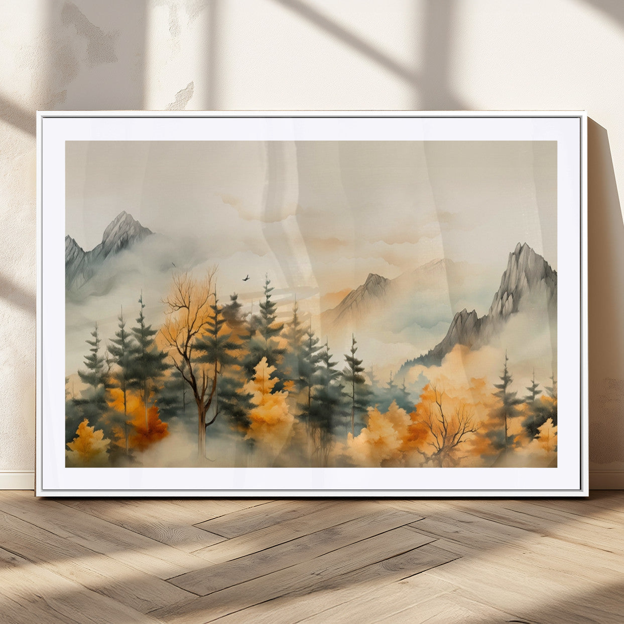 Abstract Watercolor Mountains and Trees Autumn Art,