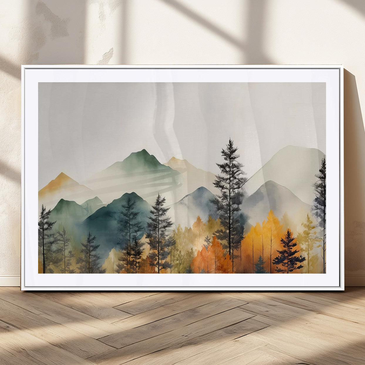 Abstract Watercolor Mountains and Trees Autumn Wall Art,