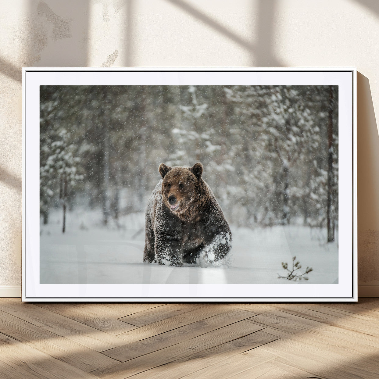 Grizzly Bear Wall Art – Framed Snowy Forest Canvas Artwork,