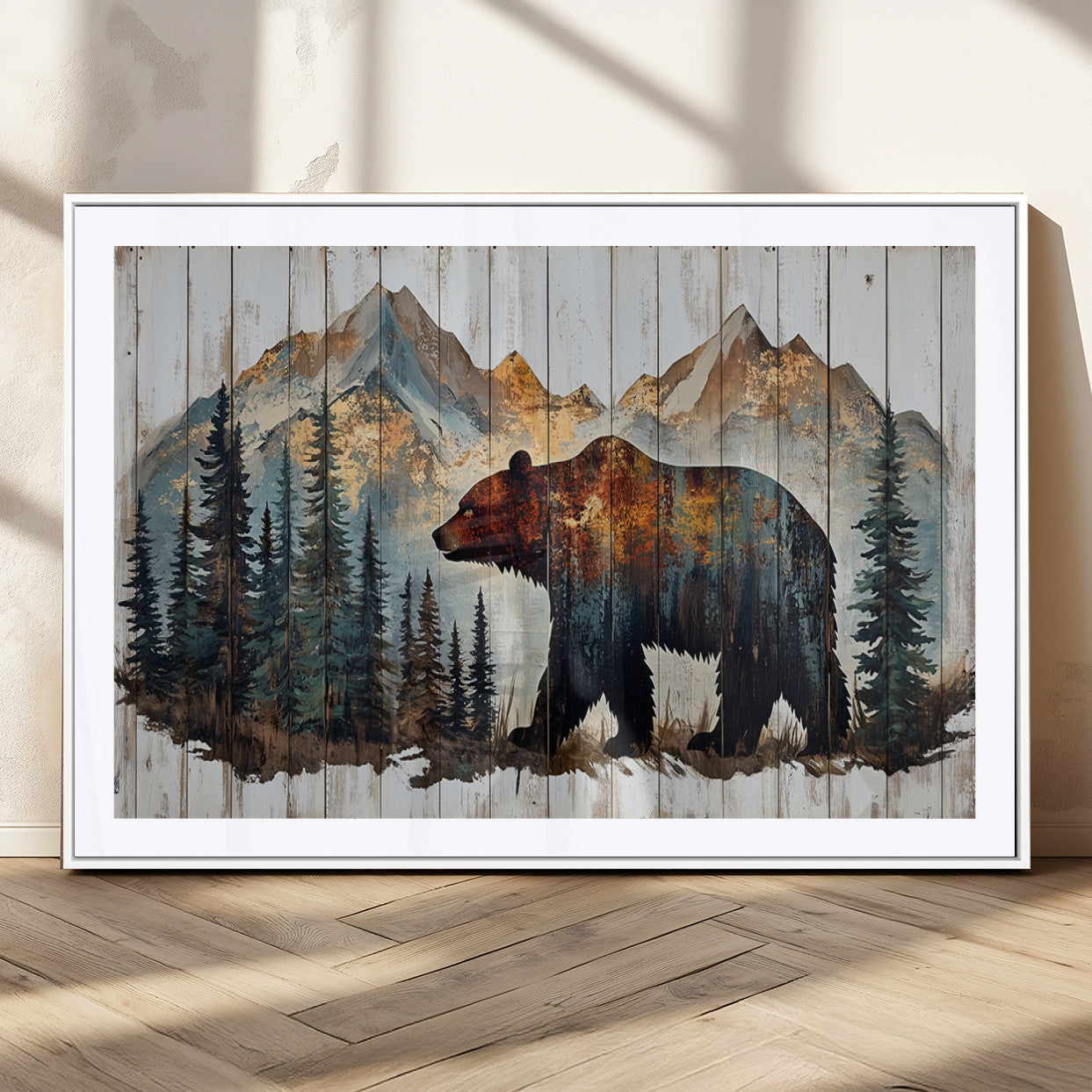 Rustic Grizzly 399 Bear and Mountain Wood Canvas Wall Art -