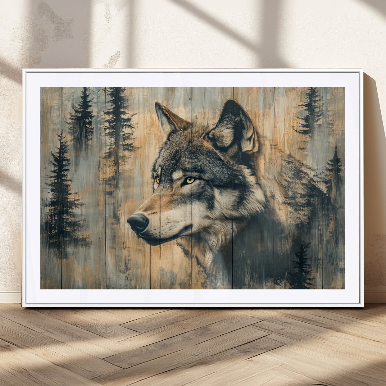 Wood Style Rustic Wolf Wall Art Canvas Print, Vintage