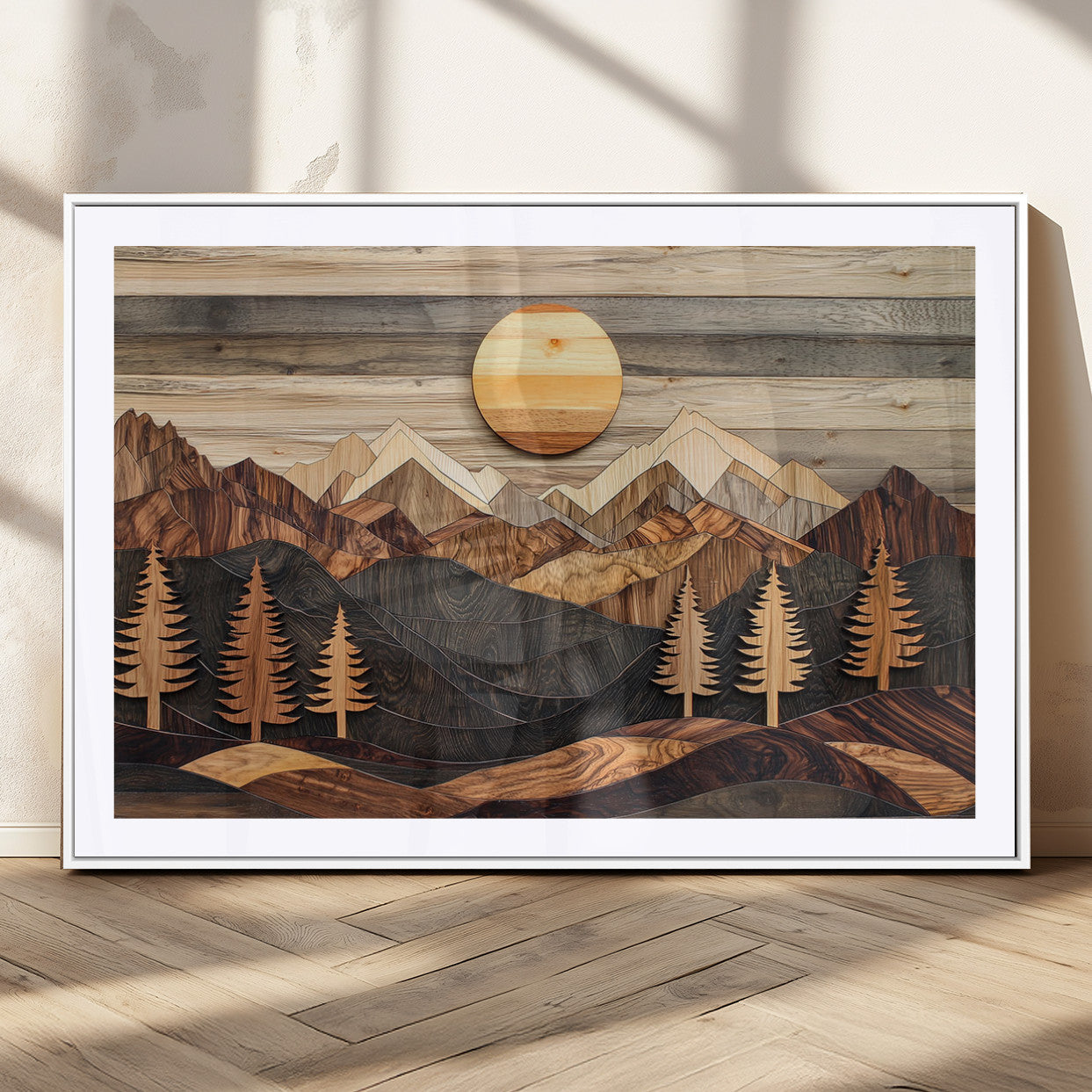 Wooden Mountain Layers Art – Rustic Pine Tree Landscape