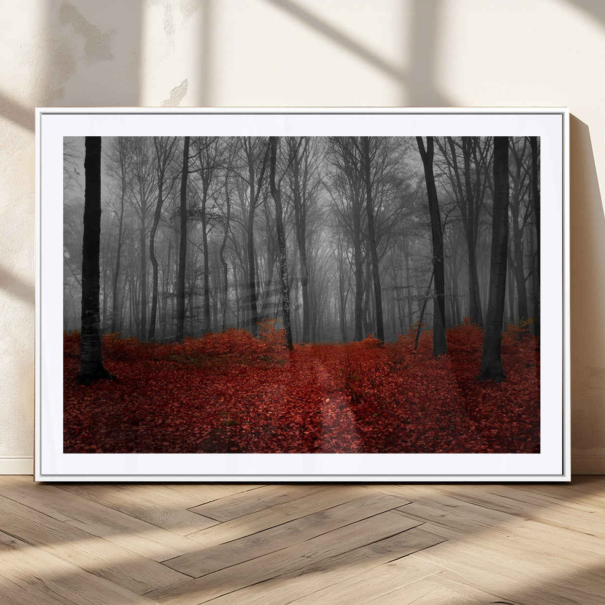 Red Forest Floor Canvas Wall Art – Mystical Foggy Woodland