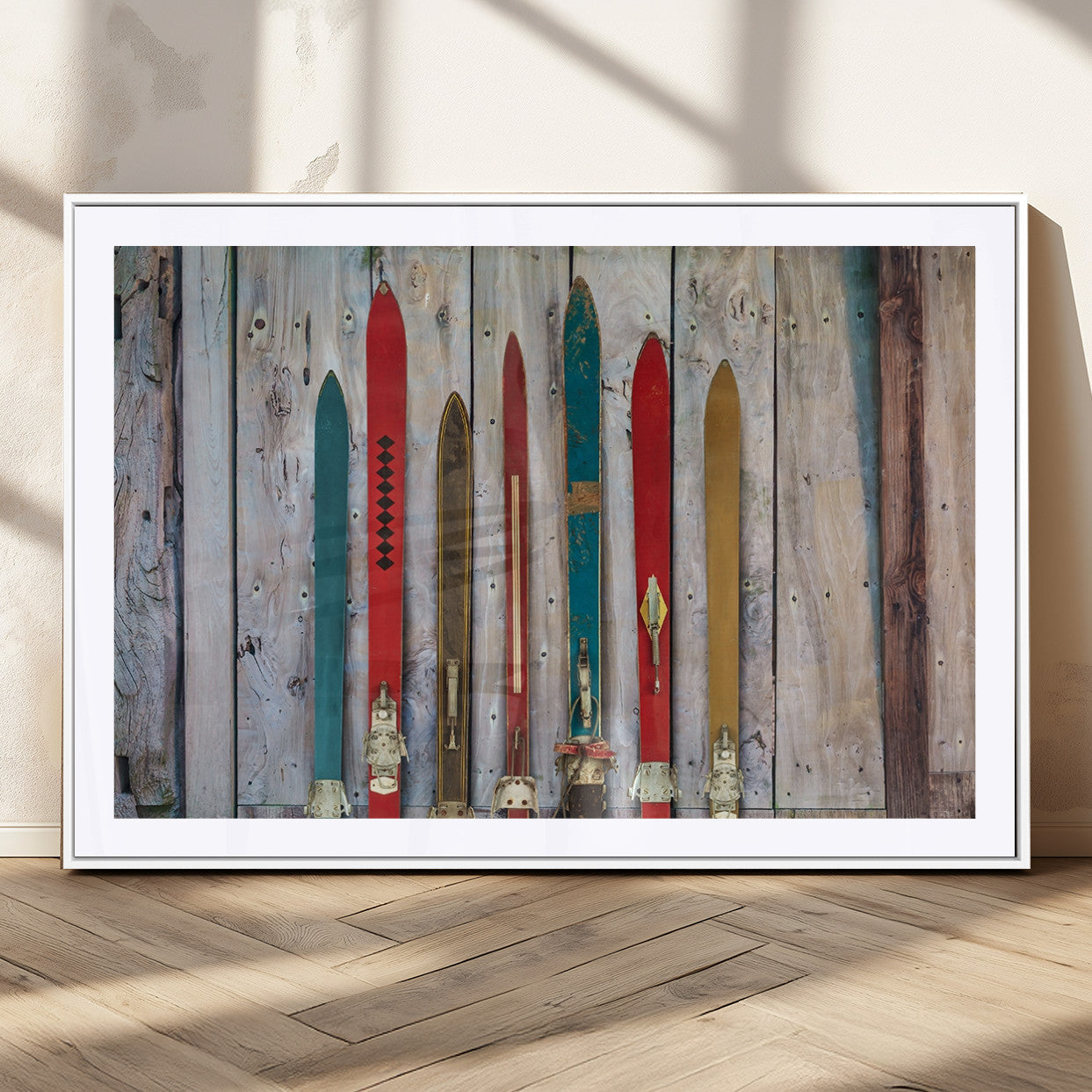 Vintage Wooden Weathered Ski's in Front of an Old Barn Wall