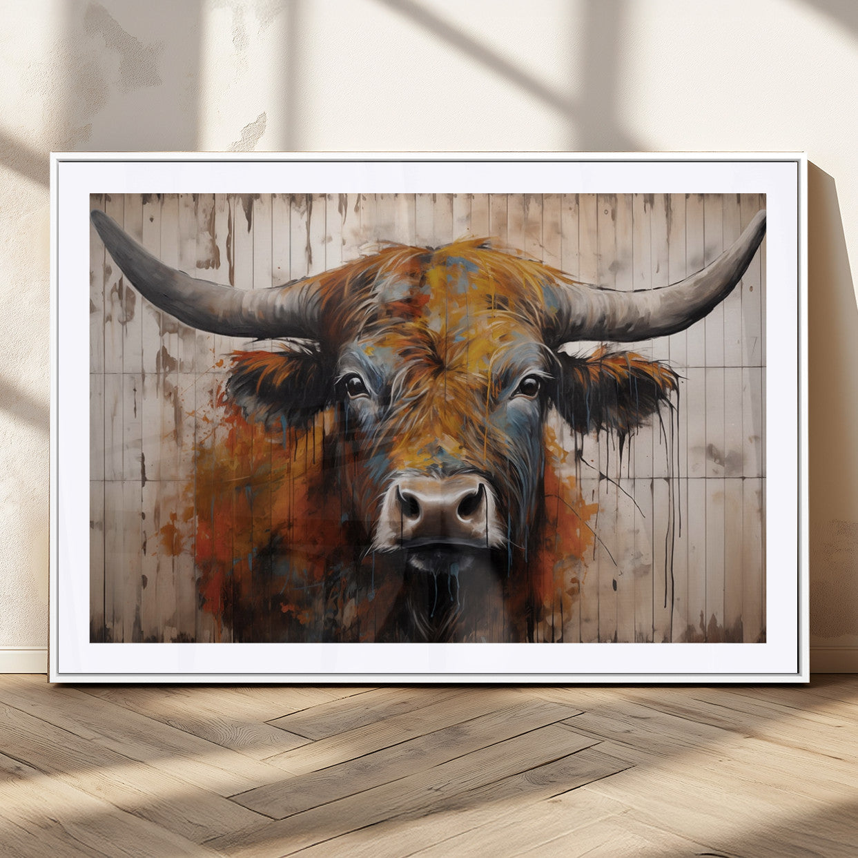Scottish Highland Cow Cattle Art Print on Wood Style