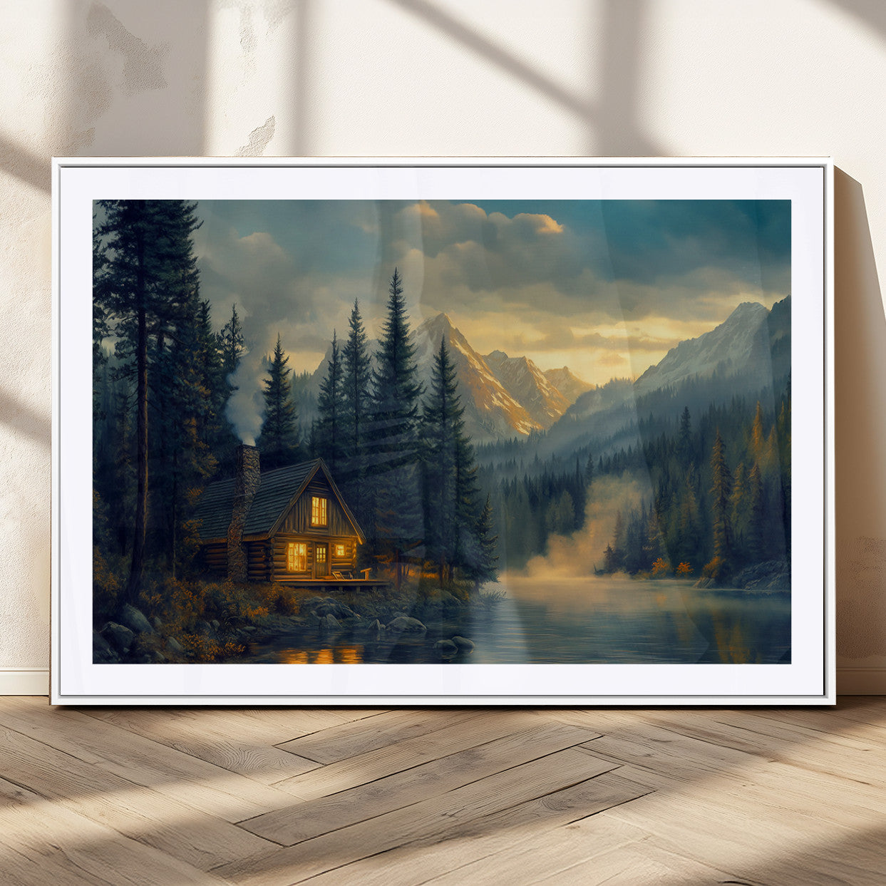 Mountain Cabin by the Lake at Sunset Wall Art - Serene