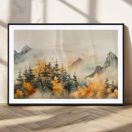 Abstract Watercolor Mountains and Trees Autumn Art,