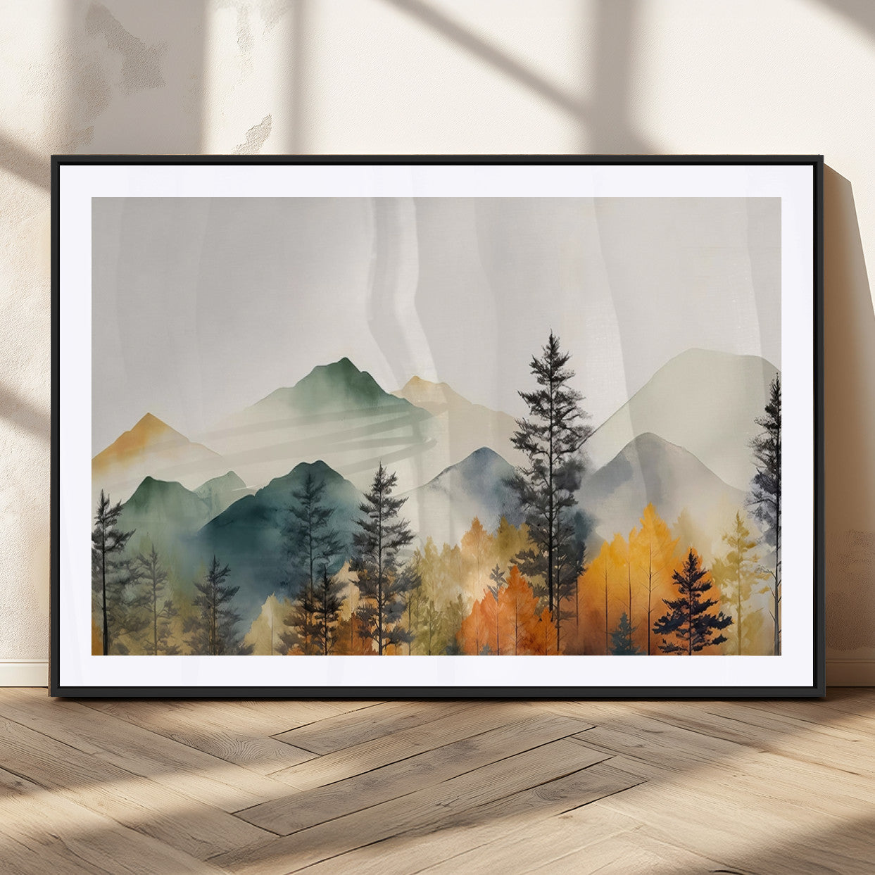 Abstract Watercolor Mountains and Trees Autumn Wall Art,