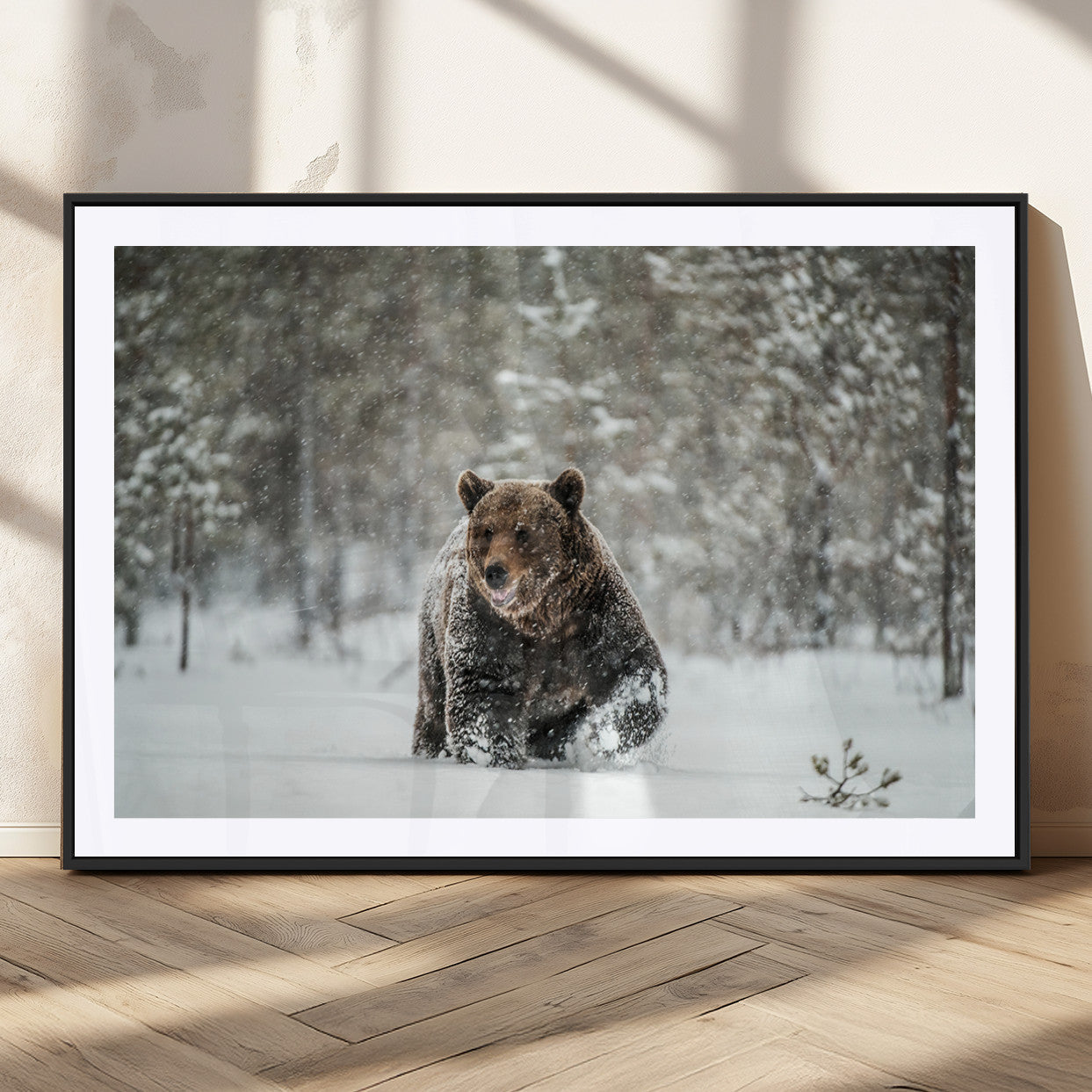Grizzly Bear Wall Art – Framed Snowy Forest Canvas Artwork,